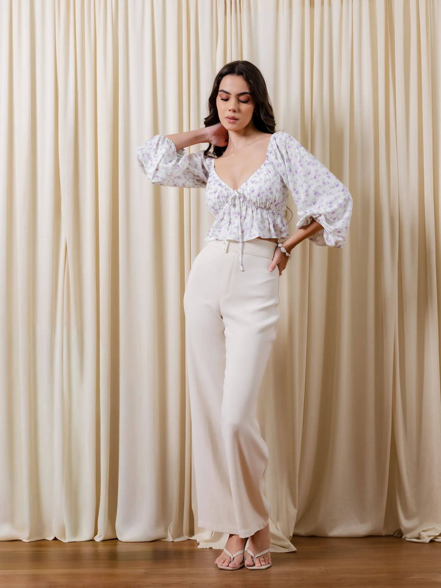 Balloon Sleeved Front Tie Up Bustier Top - Image 5