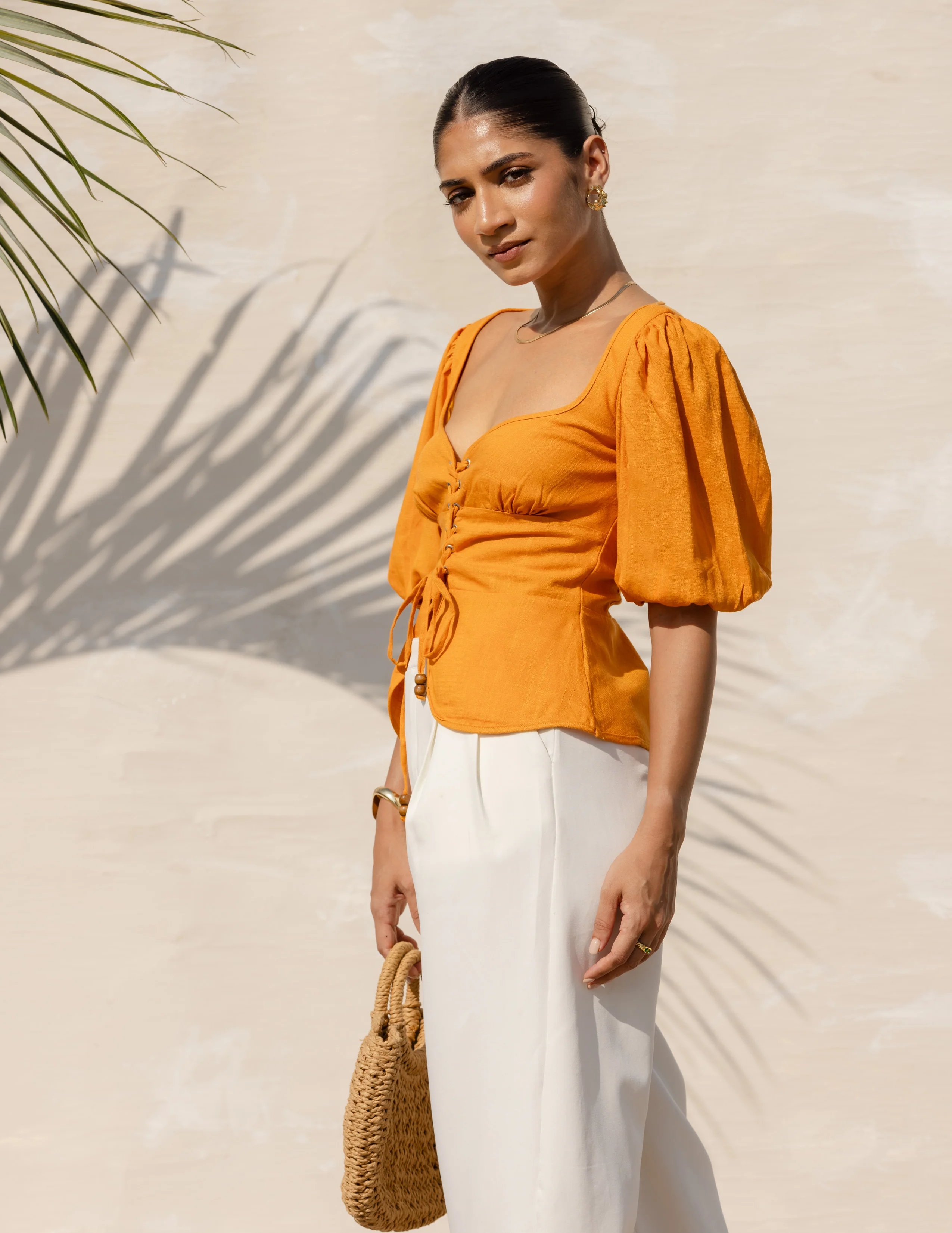 Balloon Sleeved Front Tie Up Top - Image 3
