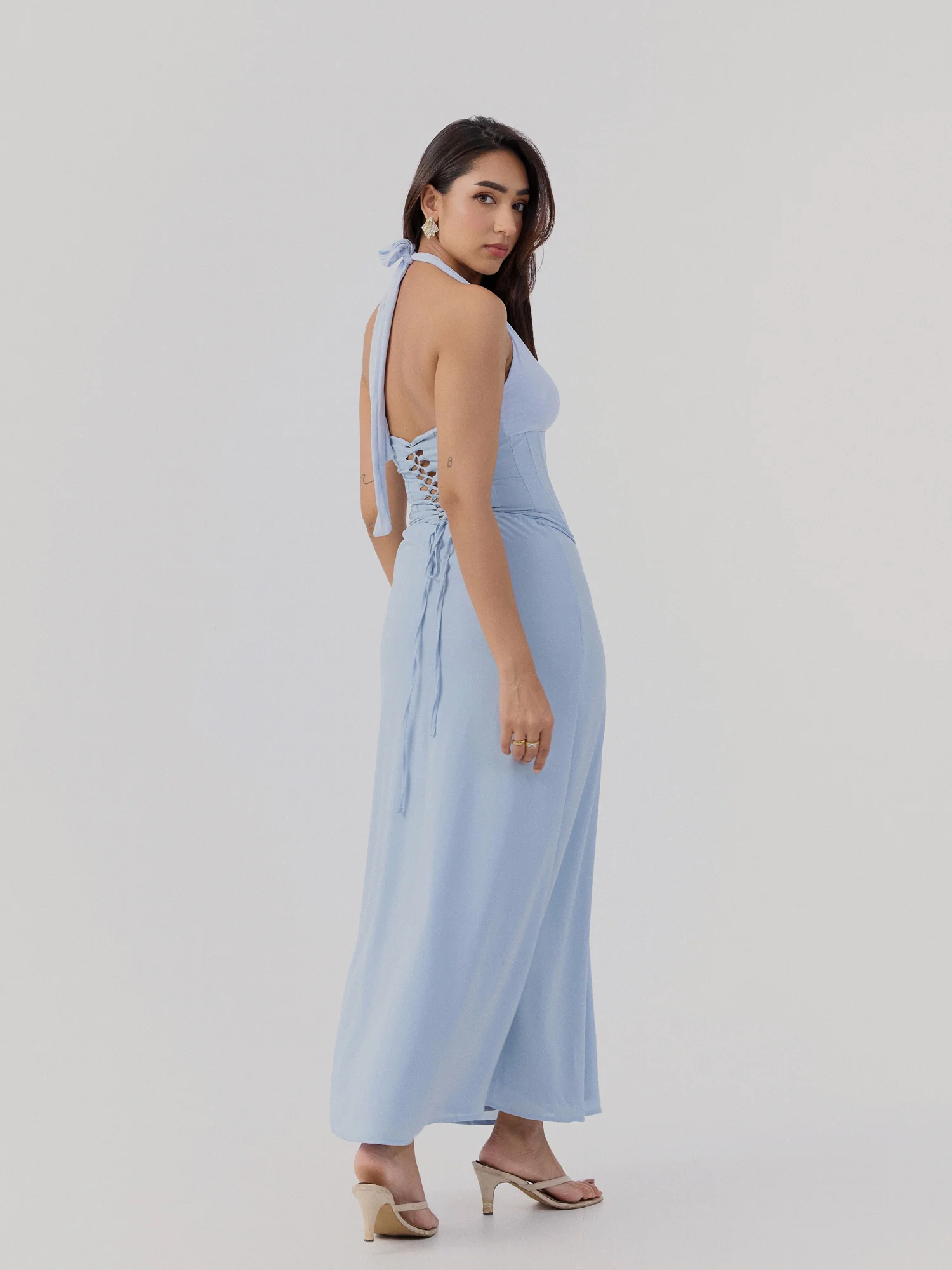 Bustier Detailed Contrast Fabric Maxi Dress - Image 3