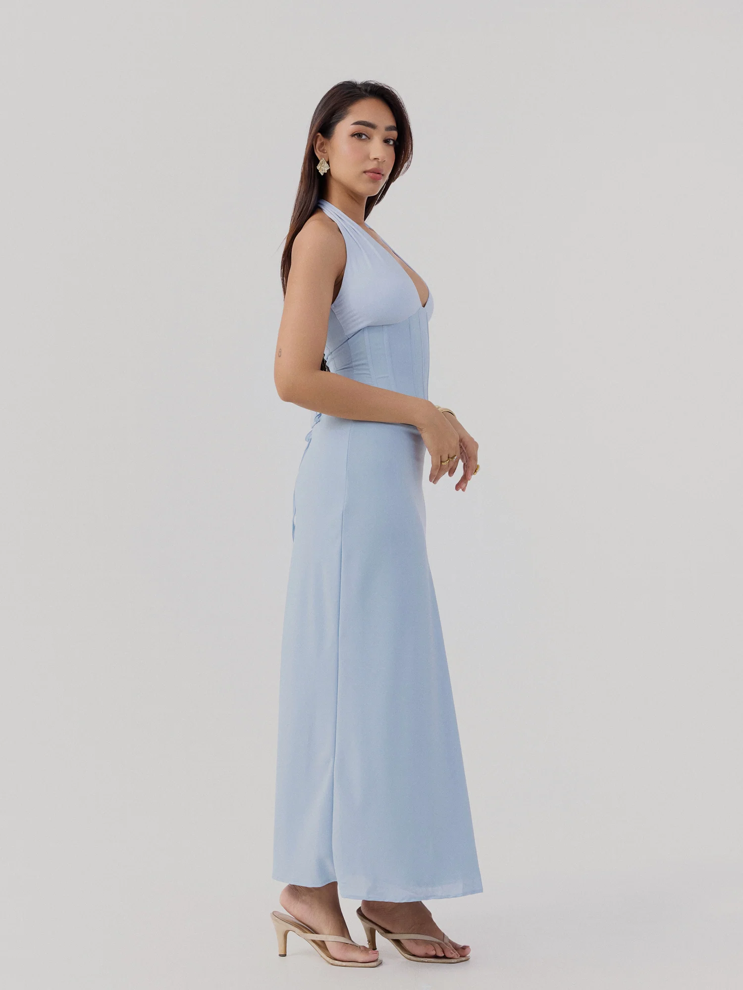 Bustier Detailed Contrast Fabric Maxi Dress - Image 4