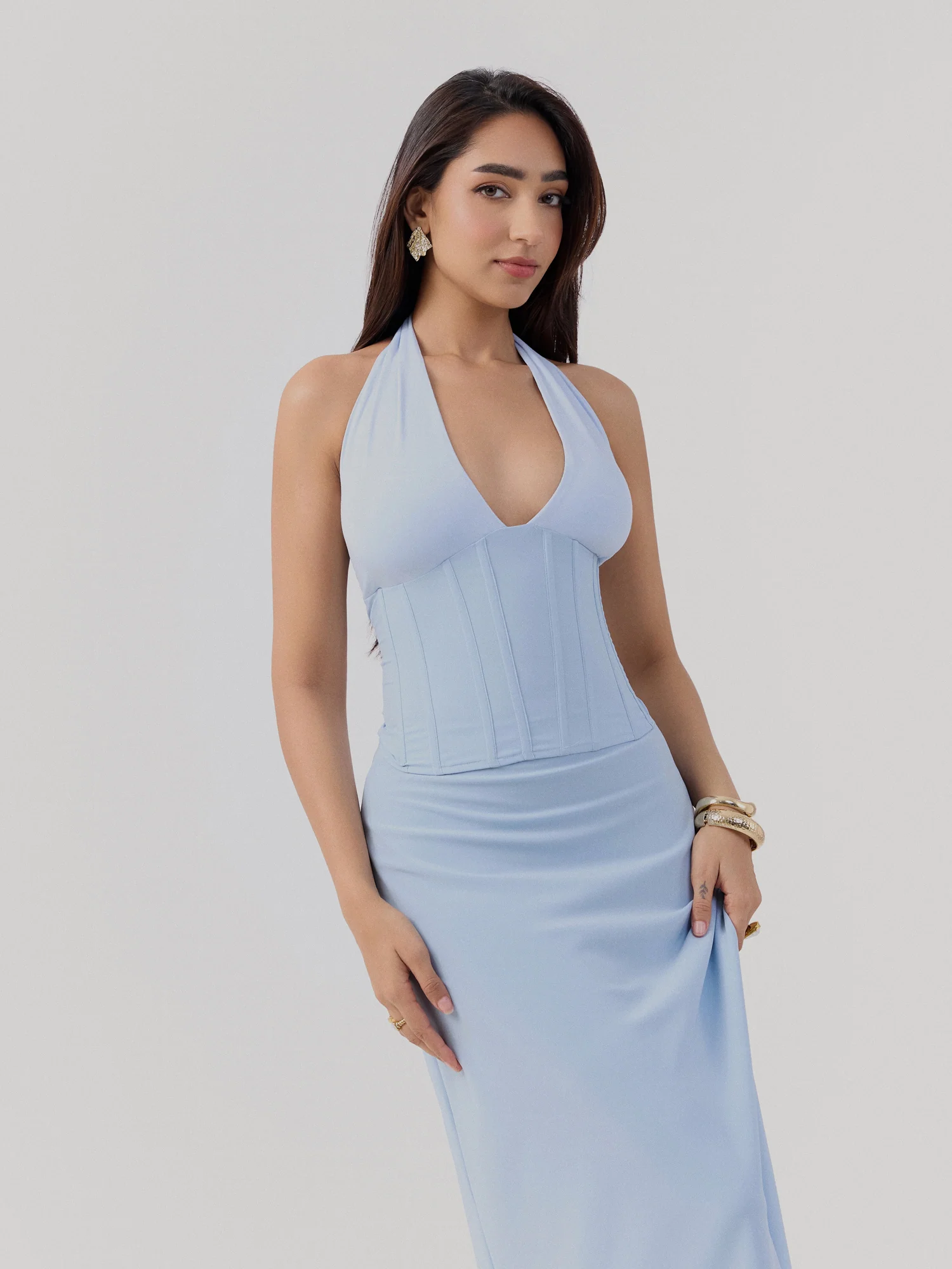 Bustier Detailed Contrast Fabric Maxi Dress - Image 5