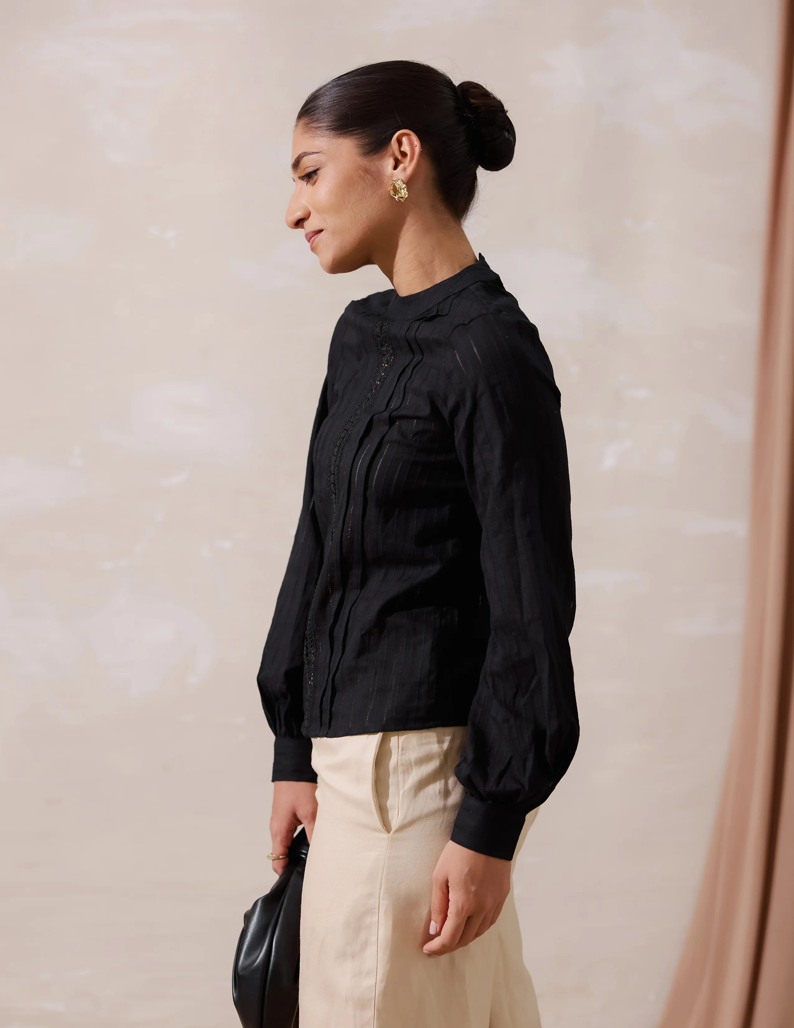 Chinese Collar Front Lace Detailed Long Sleeved Top - Image 3