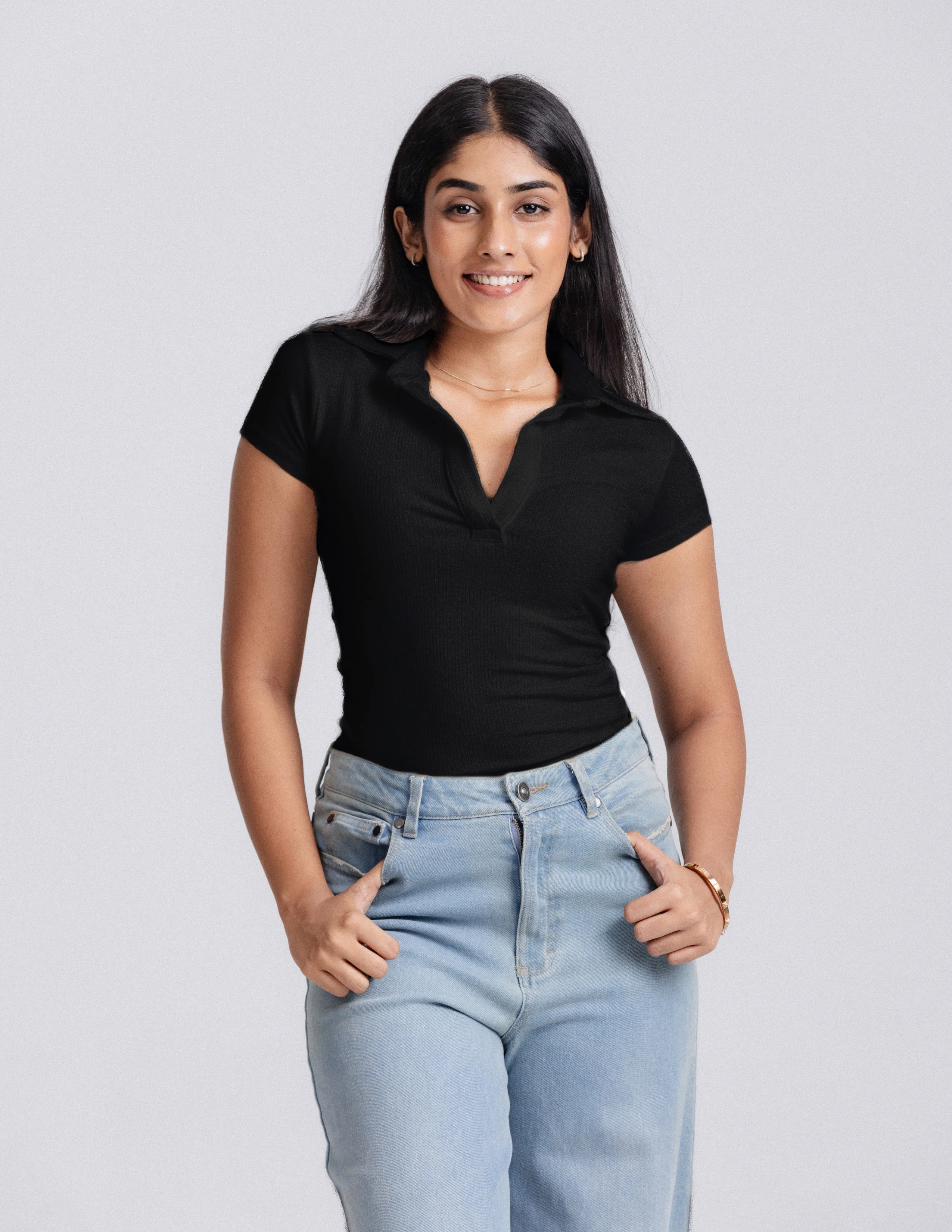 Chole Collar Detailed Short Sleeved Fitted Top