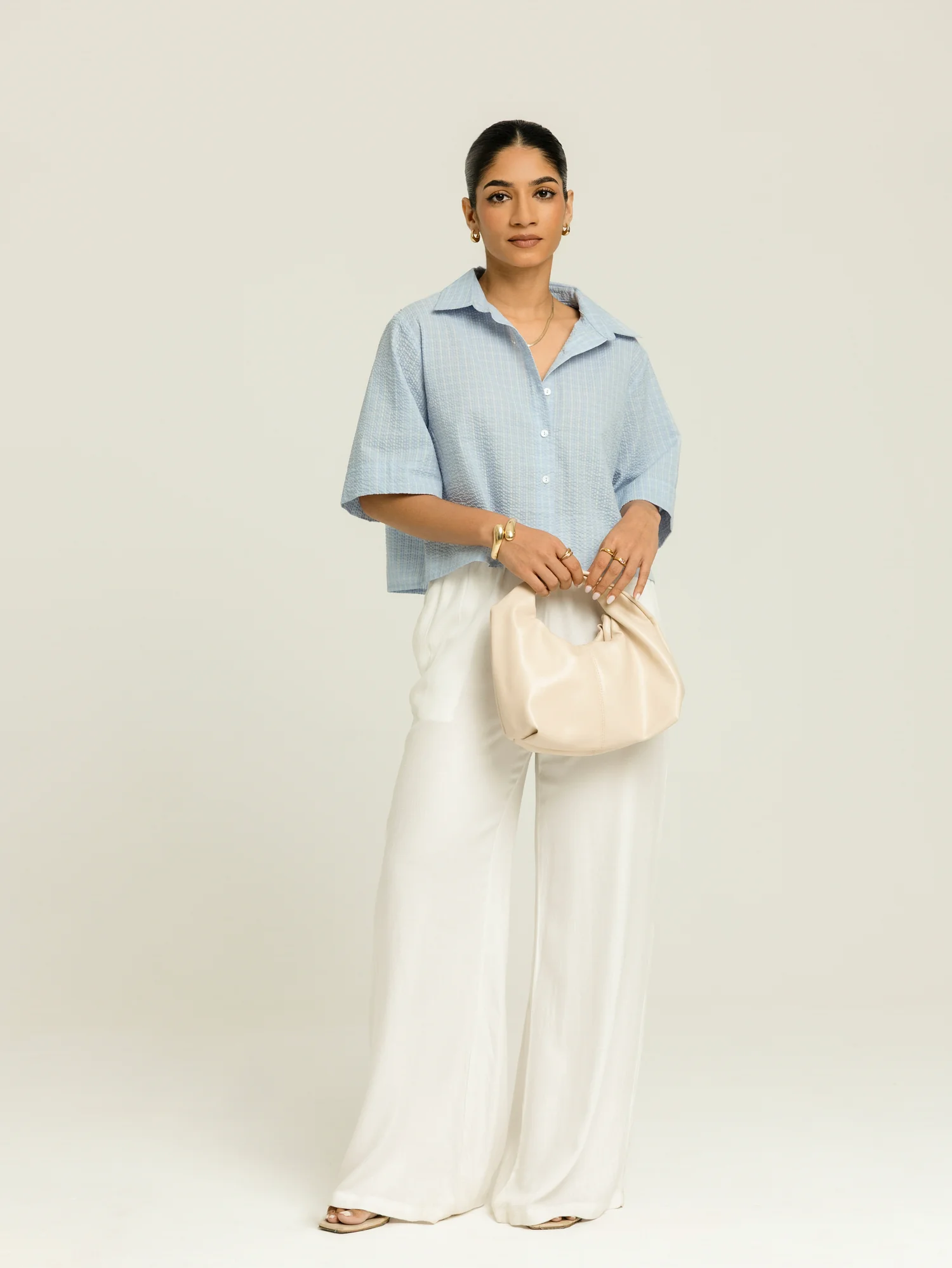 Collar Detailed Button Down Short Sleeved Oversized Crop Top