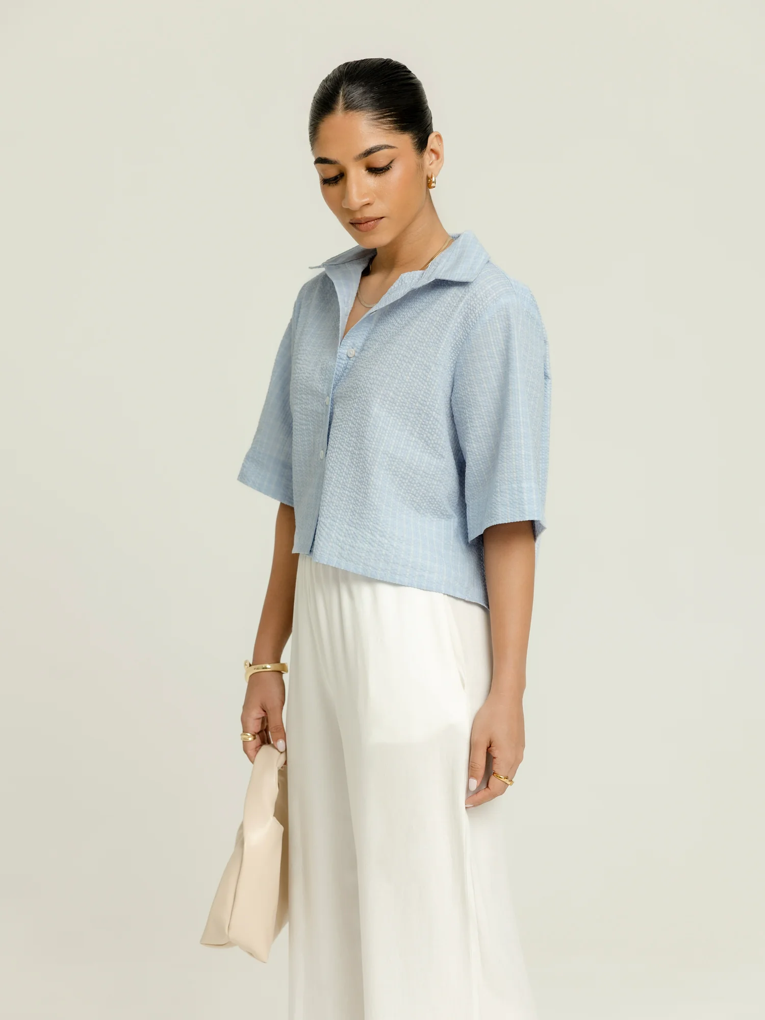 Collar Detailed Button Down Short Sleeved Oversized Crop Top - Image 3