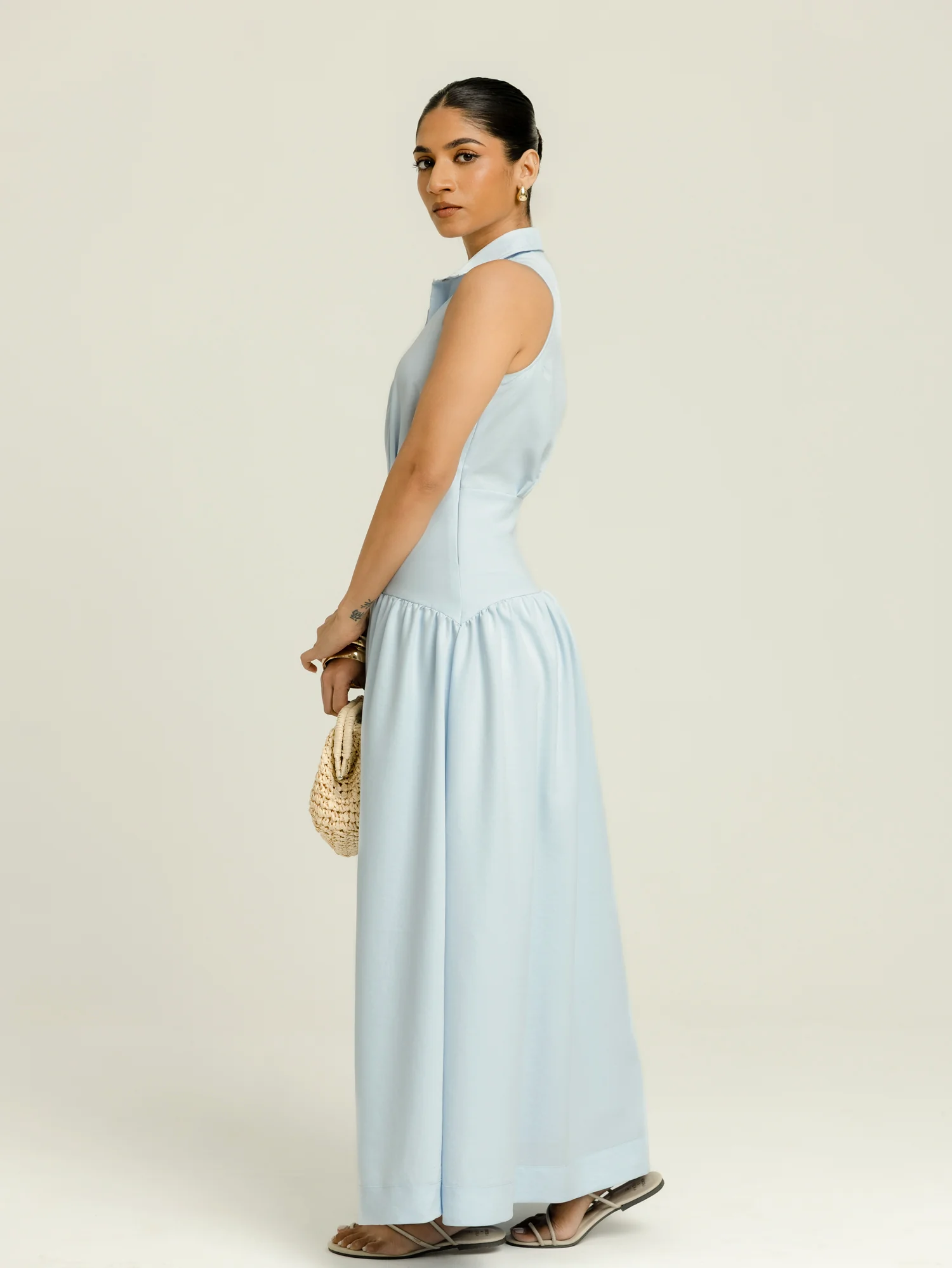 Collar Detailed Yoke Gathering Maxi Dress - Image 3