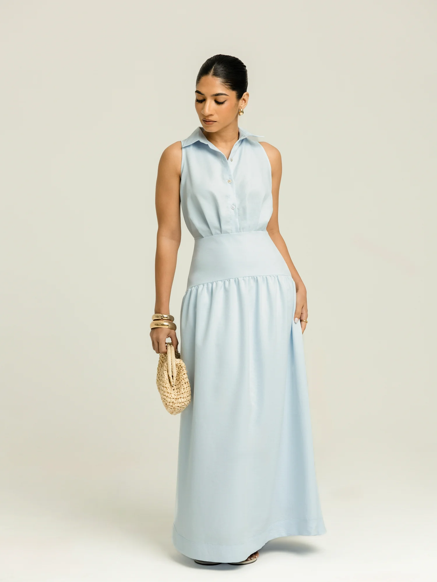 Collar Detailed Yoke Gathering Maxi Dress - Image 5