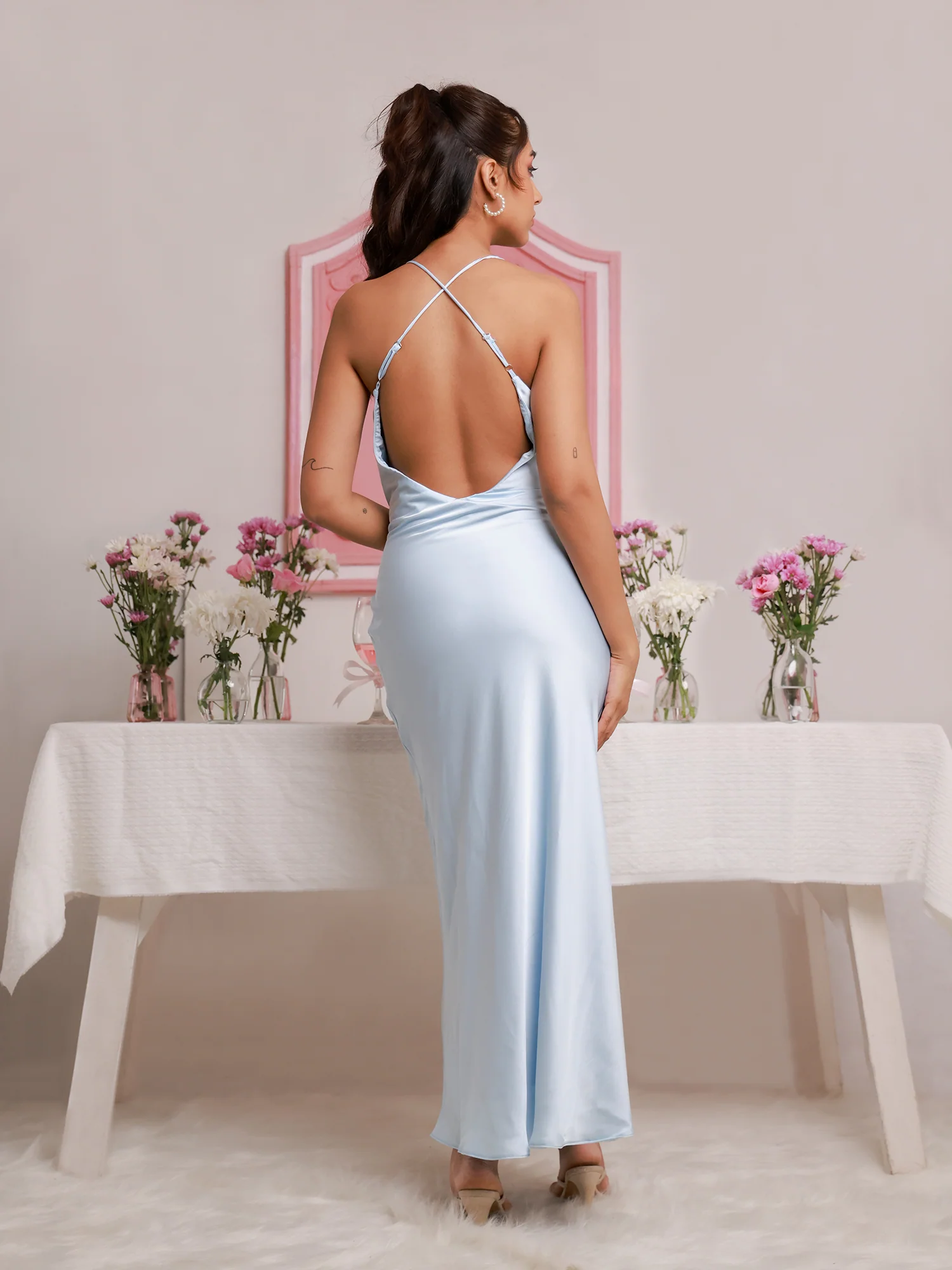 Cowl Neck Flared- Satin Maxi Dress - Image 4
