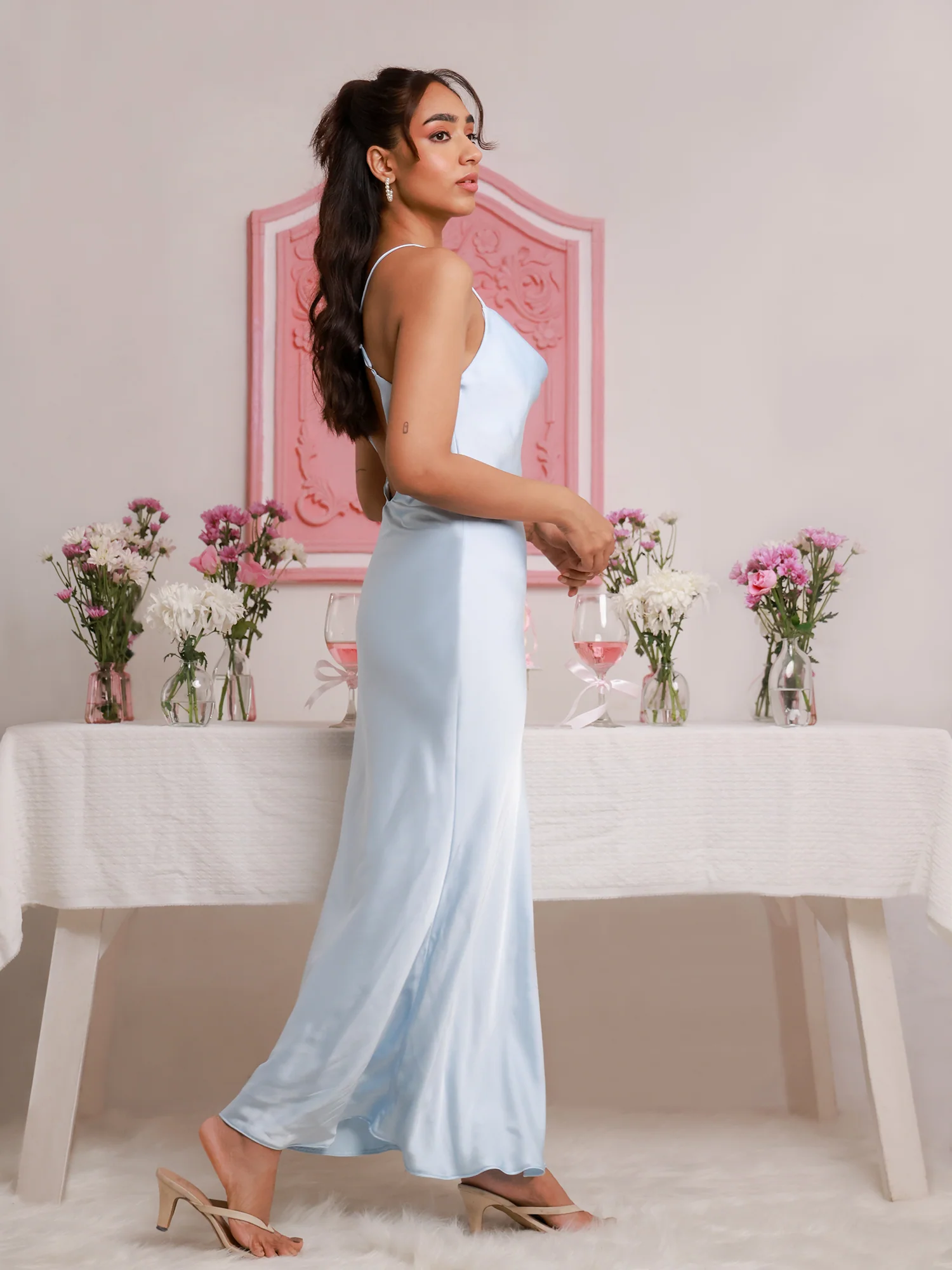 Cowl Neck Flared- Satin Maxi Dress - Image 5