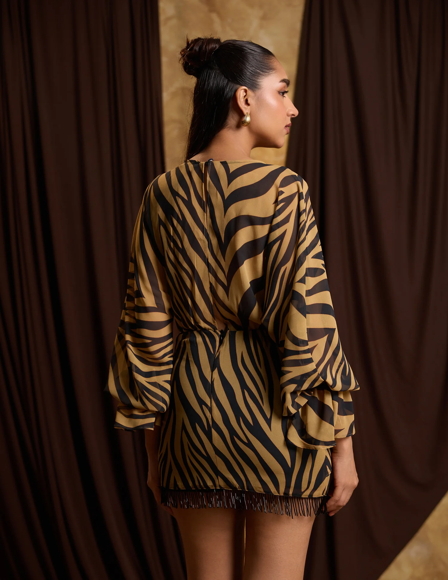 Fringe Detailed Front Mock Wrap Long Sleeved Mini Dress - Image 3