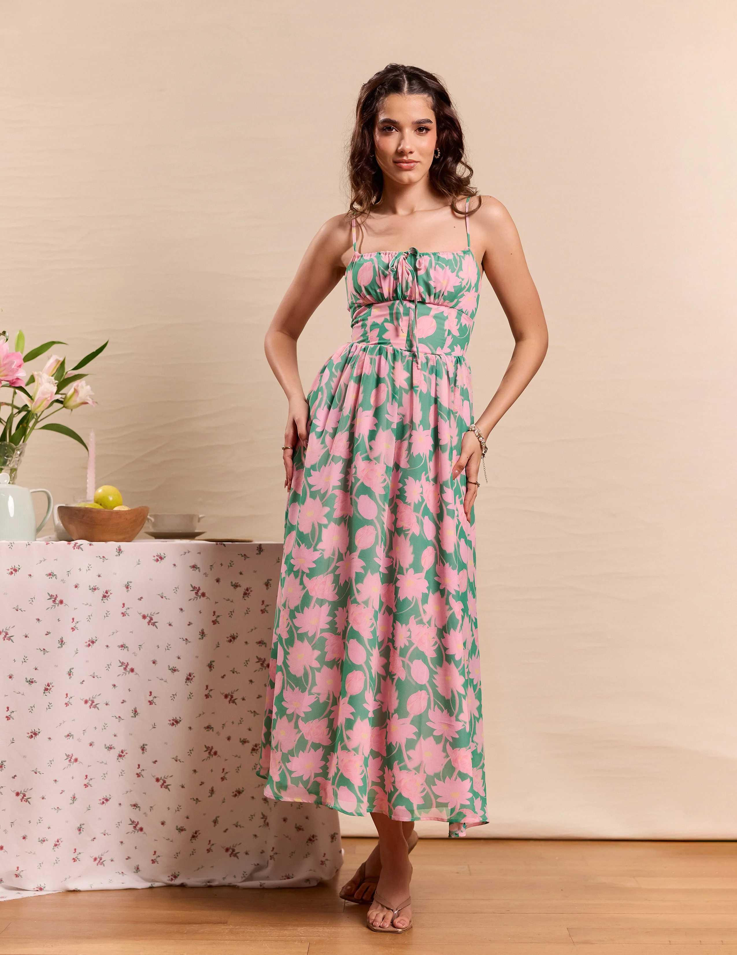 Front Bustier Tie Up Printed Maxi Dress