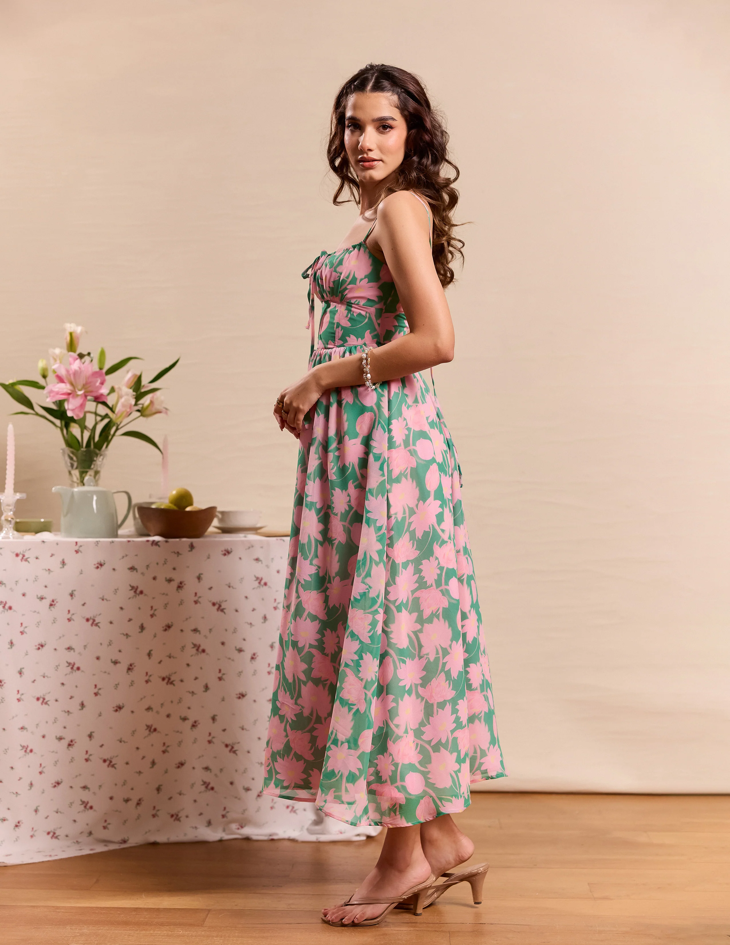 Front Bustier Tie Up Printed Maxi Dress - Image 3