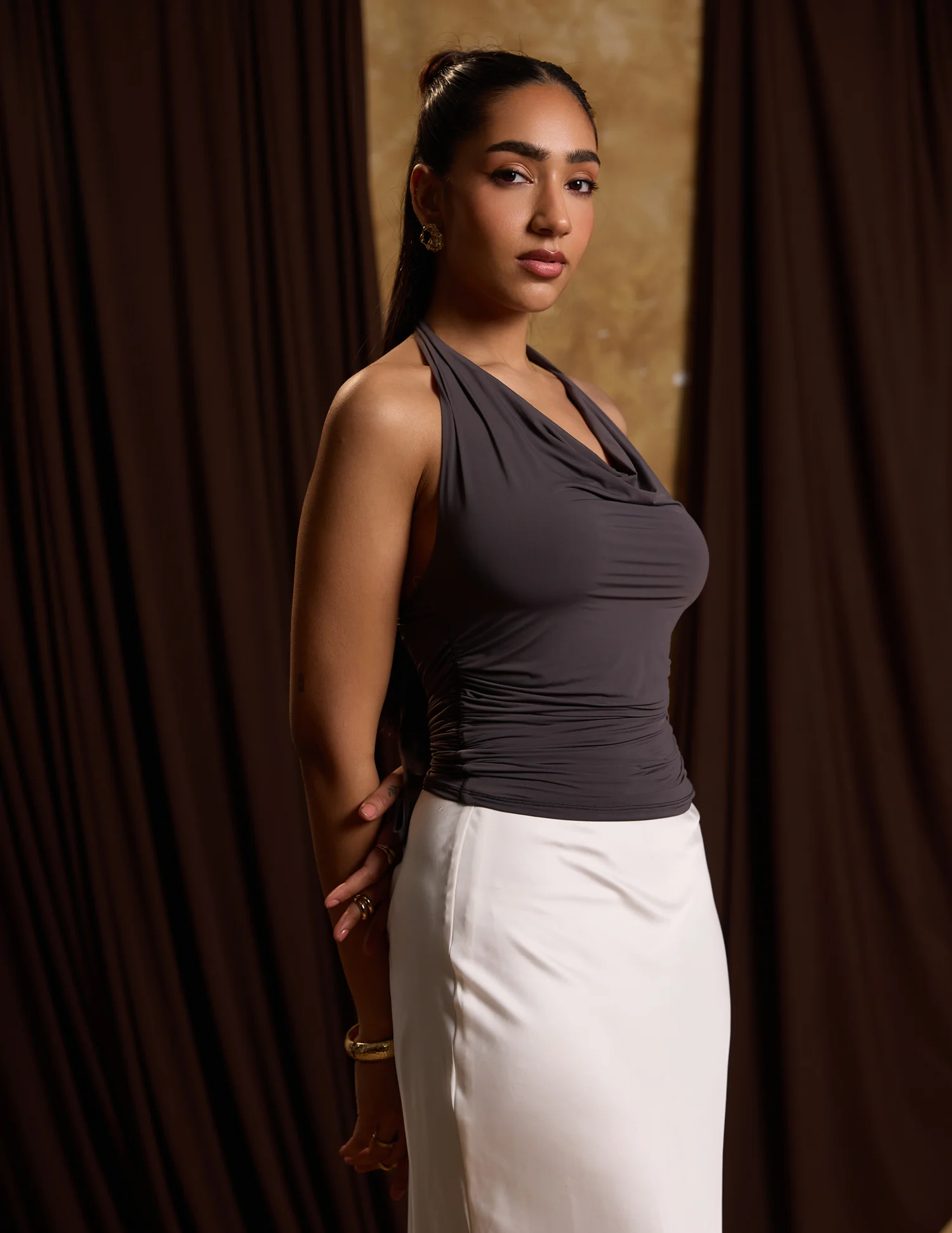 Front Cowl Neck Side Ruched Neck Tie Up Fitted Top - Image 4