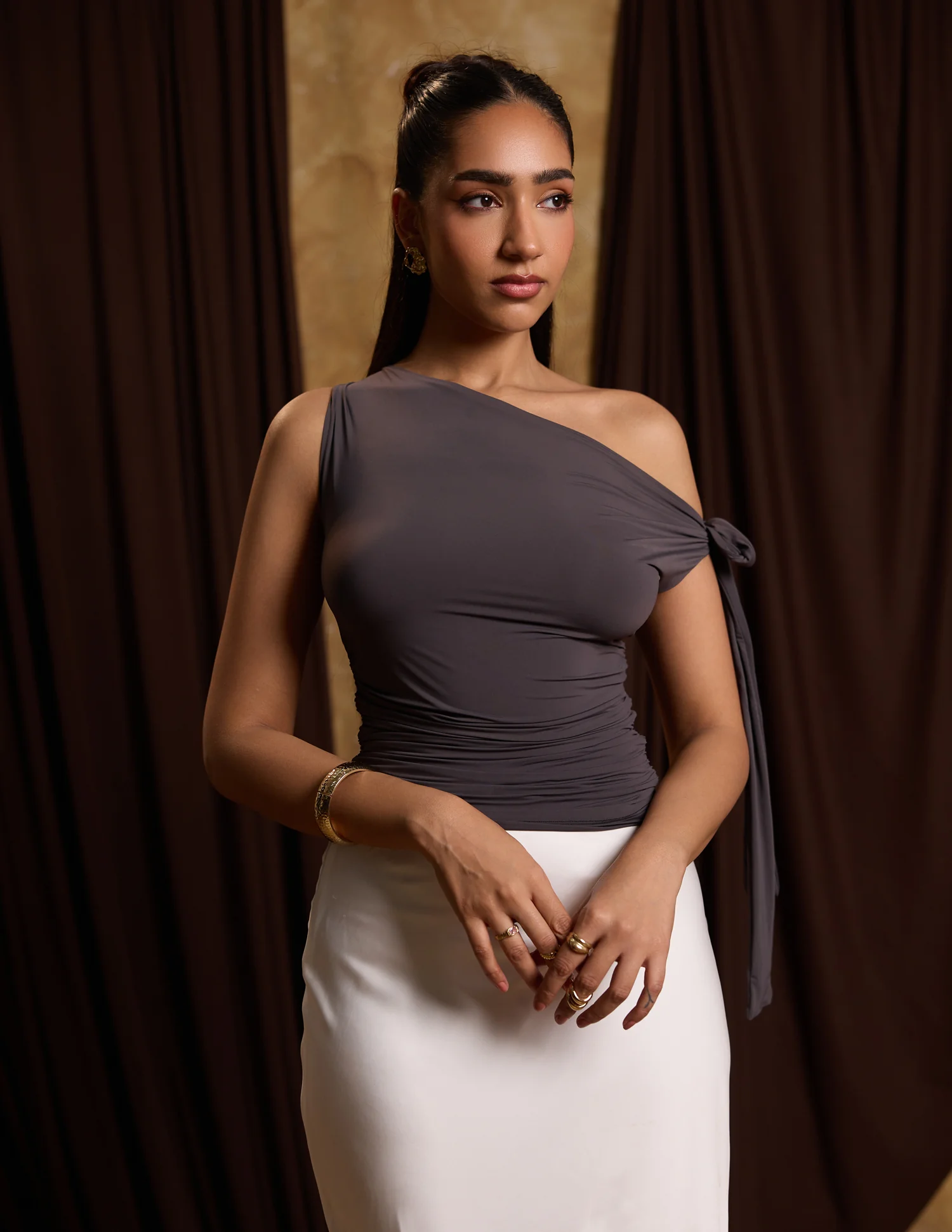 Front Cowl Neck Side Ruched Neck Tie Up Fitted Top - Image 6