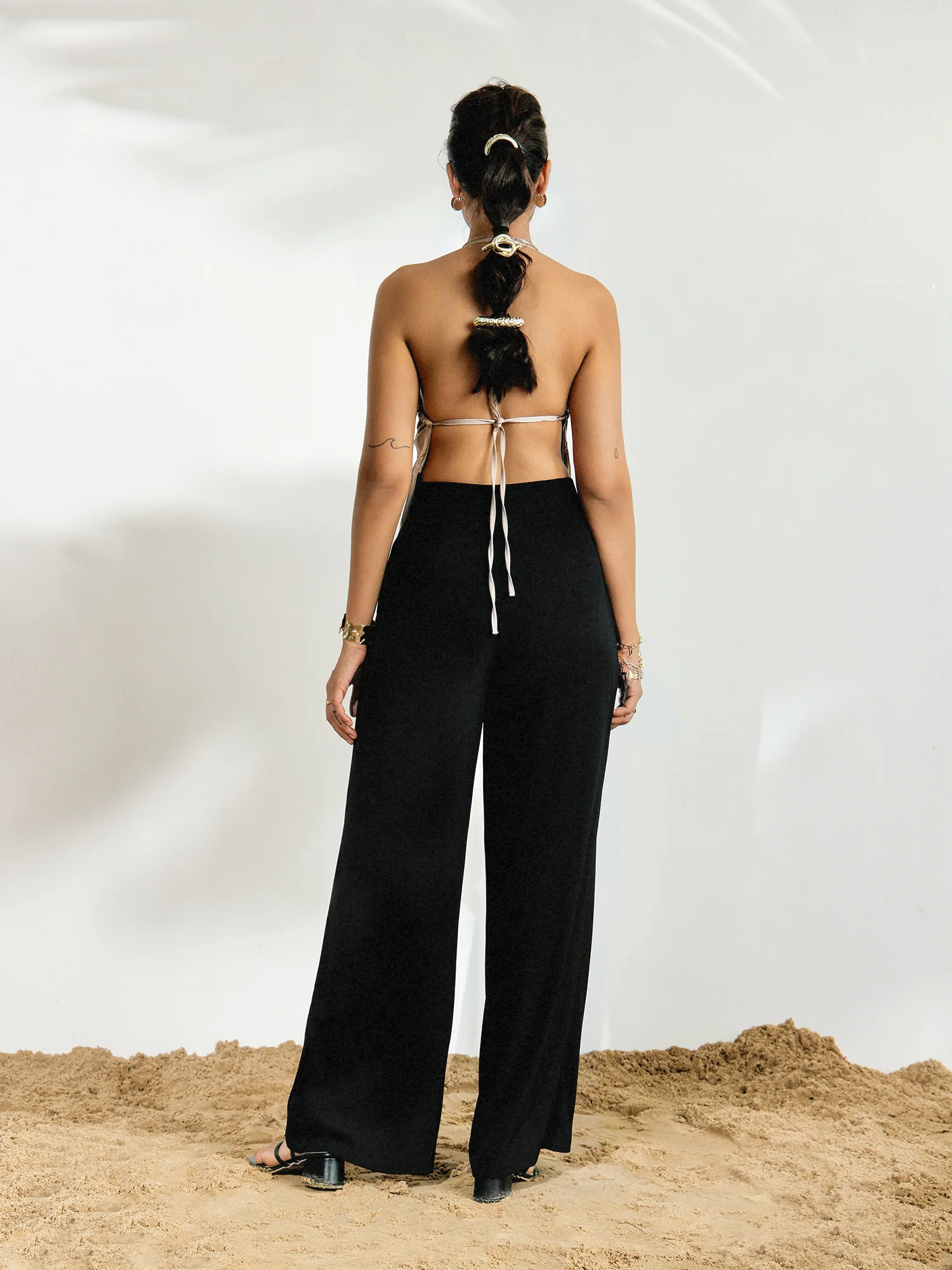 Front Cowl Side Ruched Tie Up Backless Top - Image 3