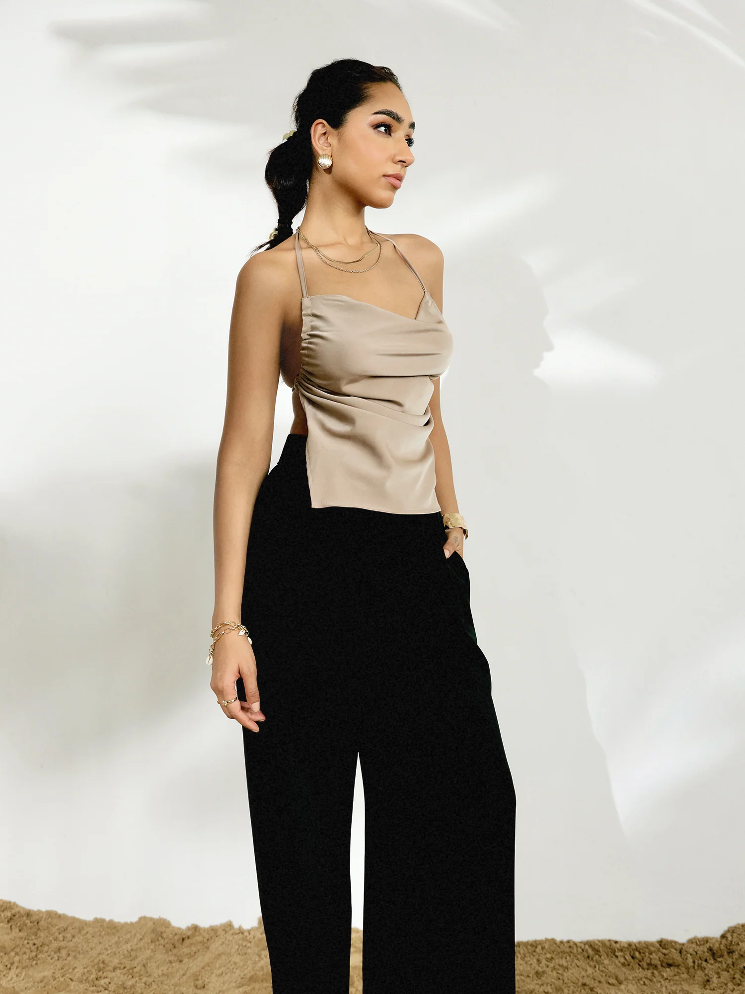 Front Cowl Side Ruched Tie Up Backless Top - Image 4