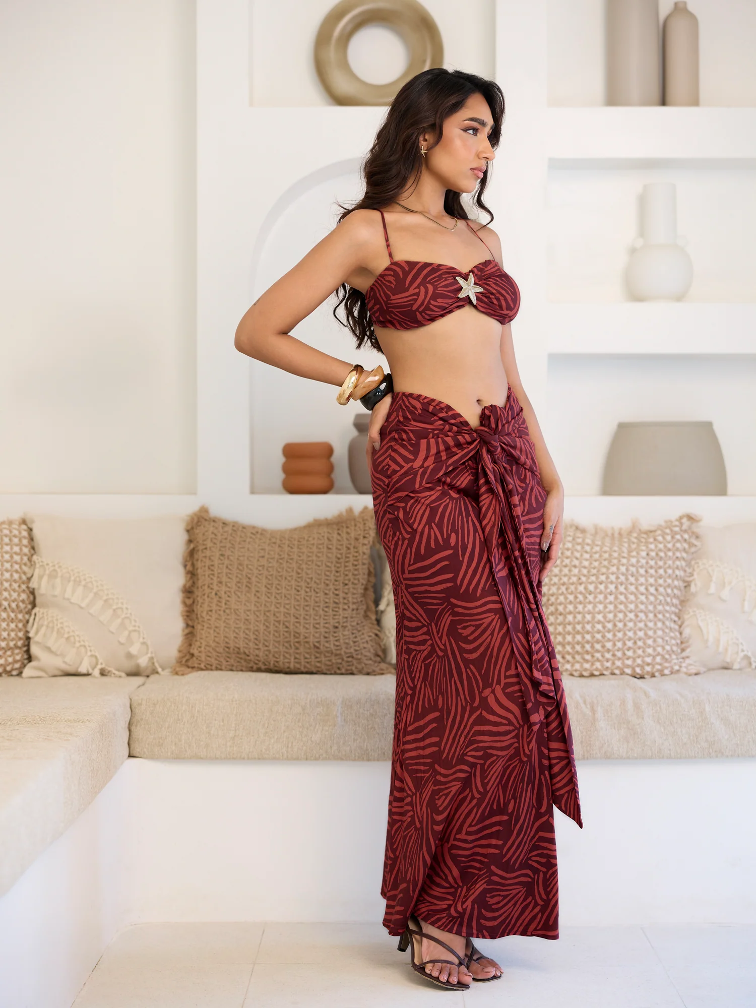 Front Ruched Tie Up Detailed Printed Maxi Skirt - Image 3