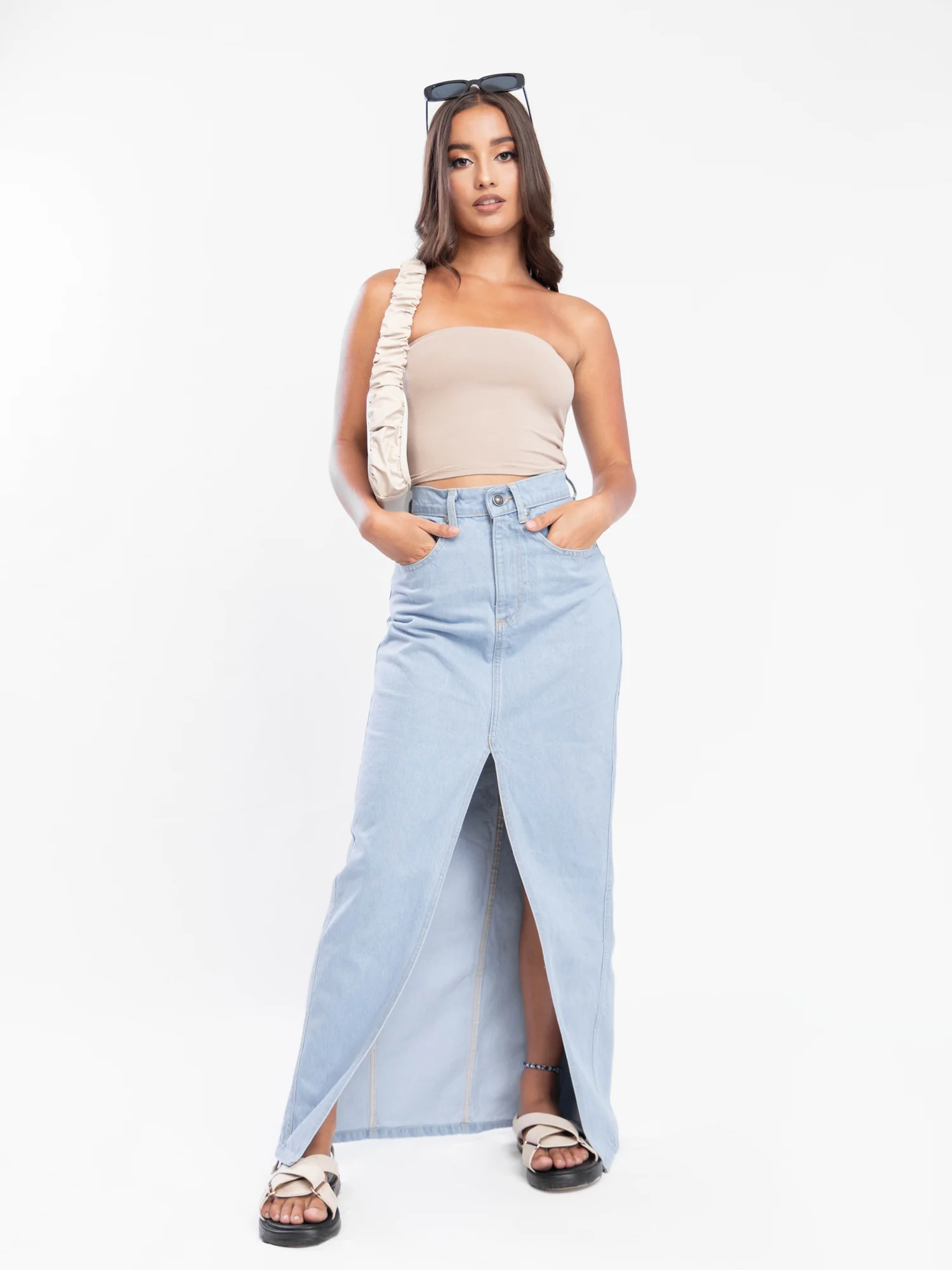 Front Slit Denim Maxi Skirt