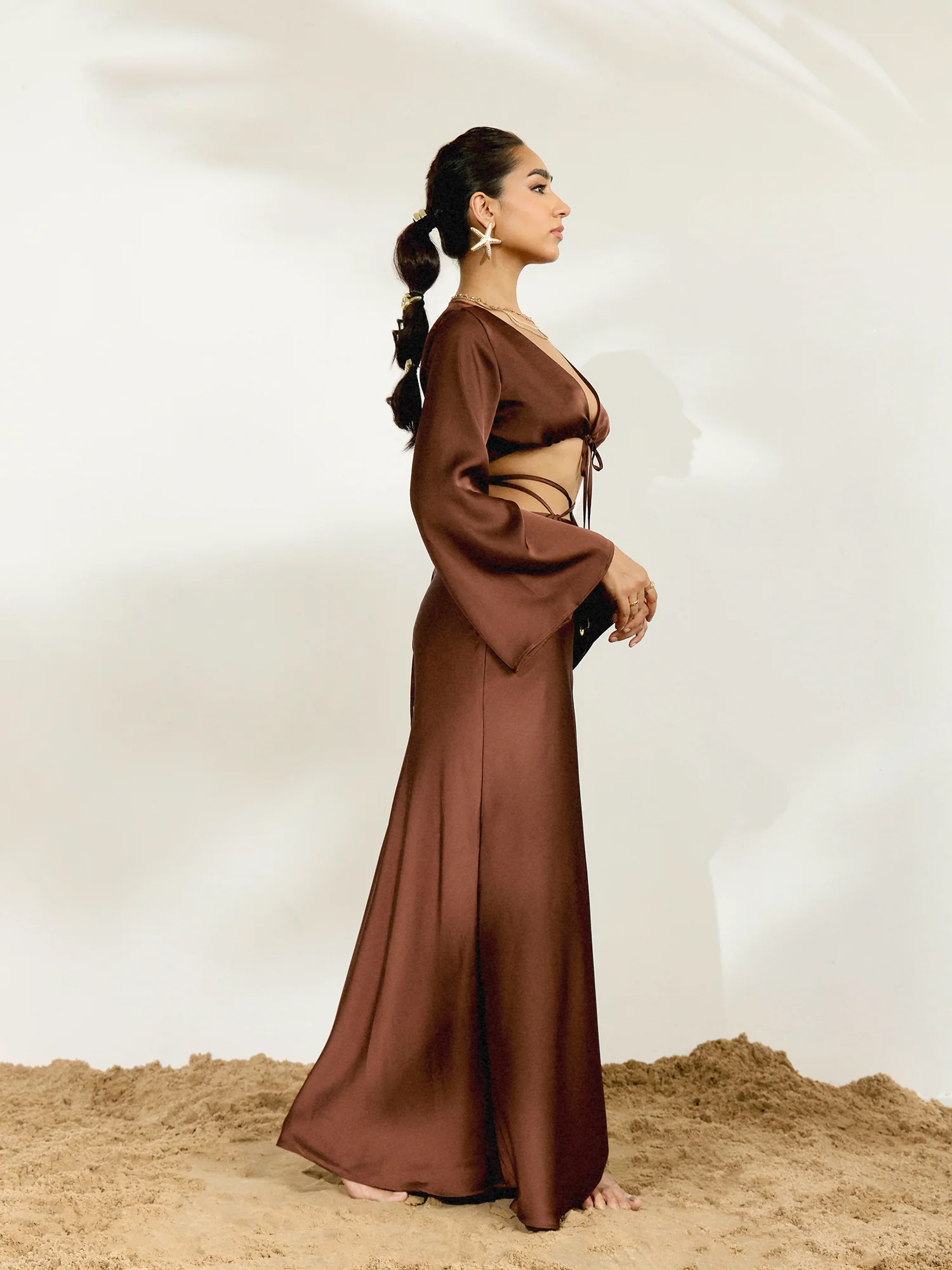 Front Tie Up Deep Neck Long Sleeved Top - Image 4
