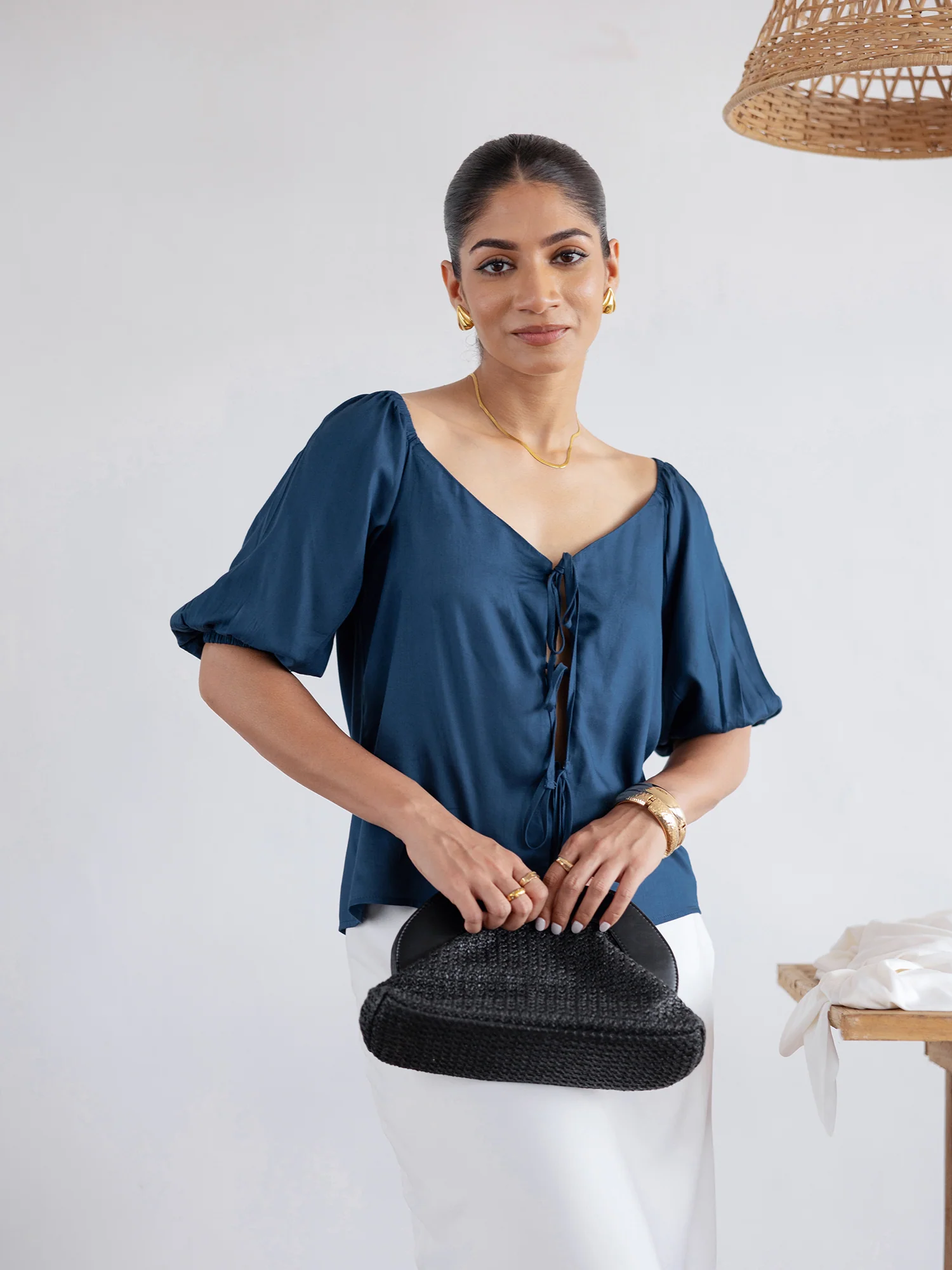 Front Tie Up Puff Sleeved Top - Image 2