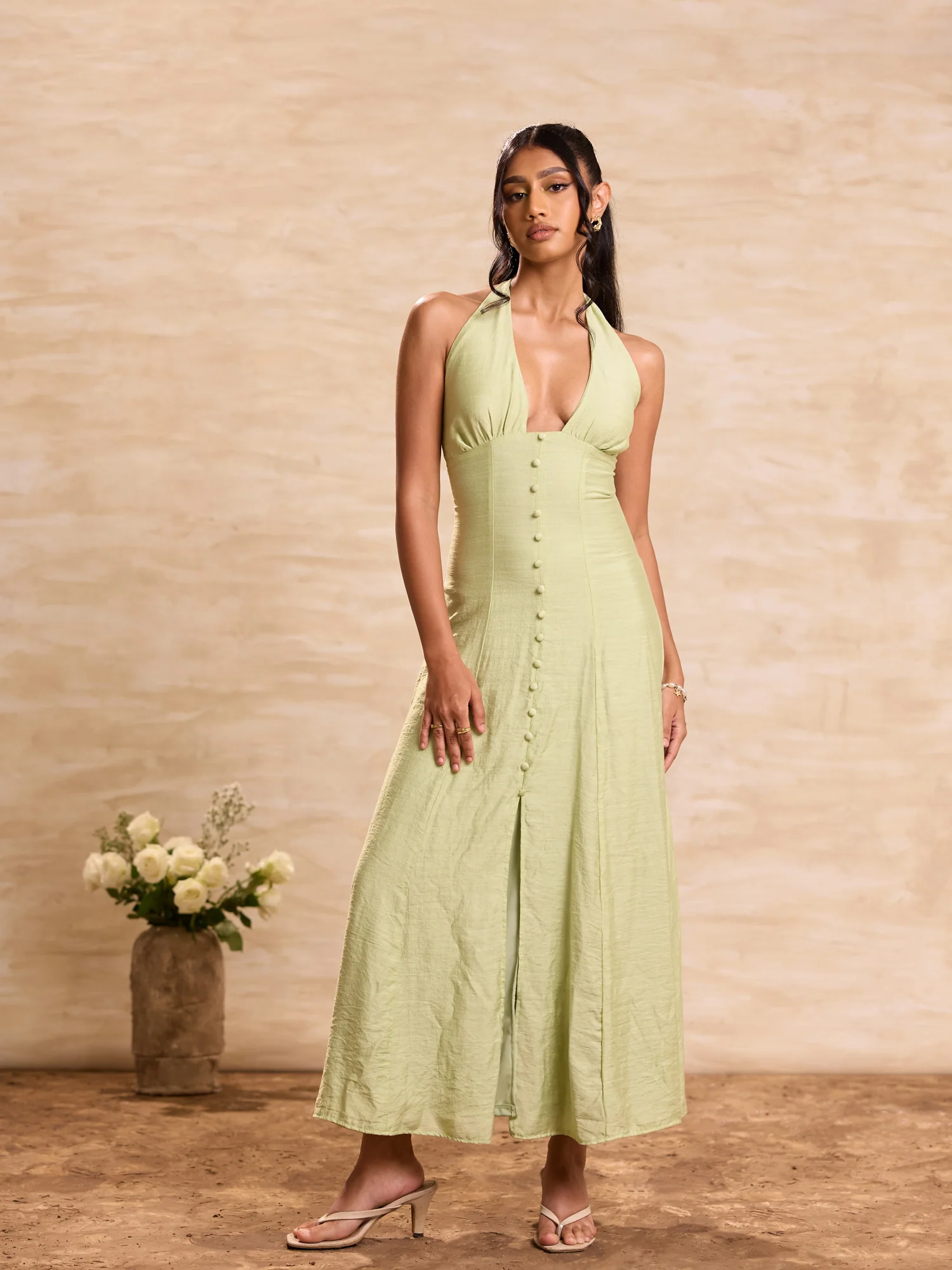 Halter Deep Neck Cover Button Detailed Maxi Dress