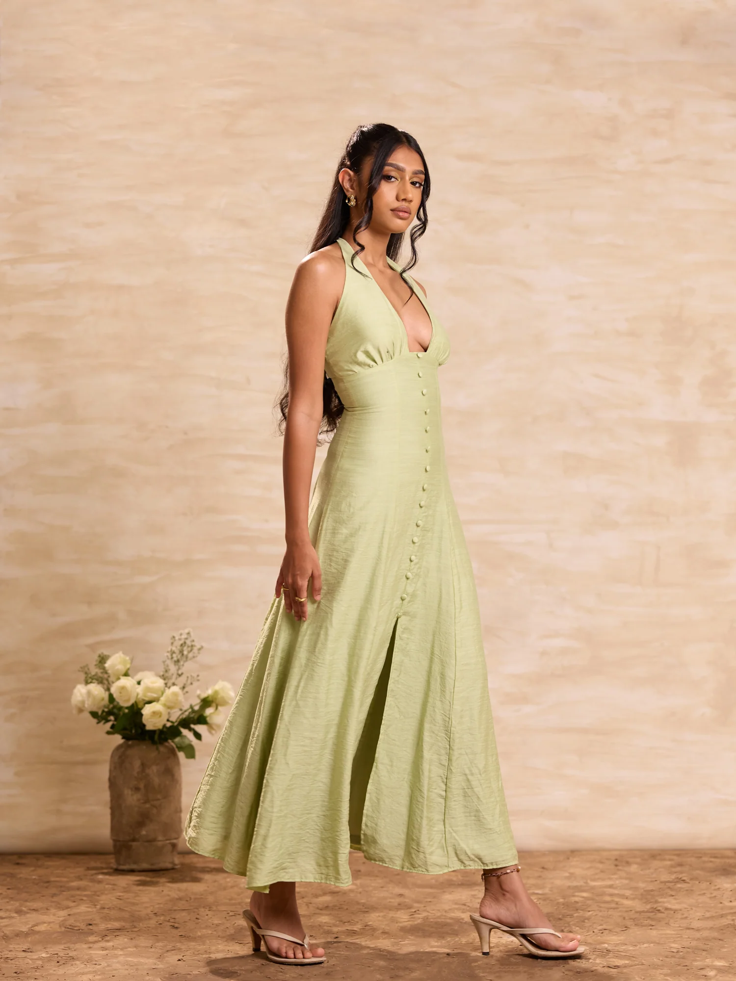 Halter Deep Neck Cover Button Detailed Maxi Dress - Image 3