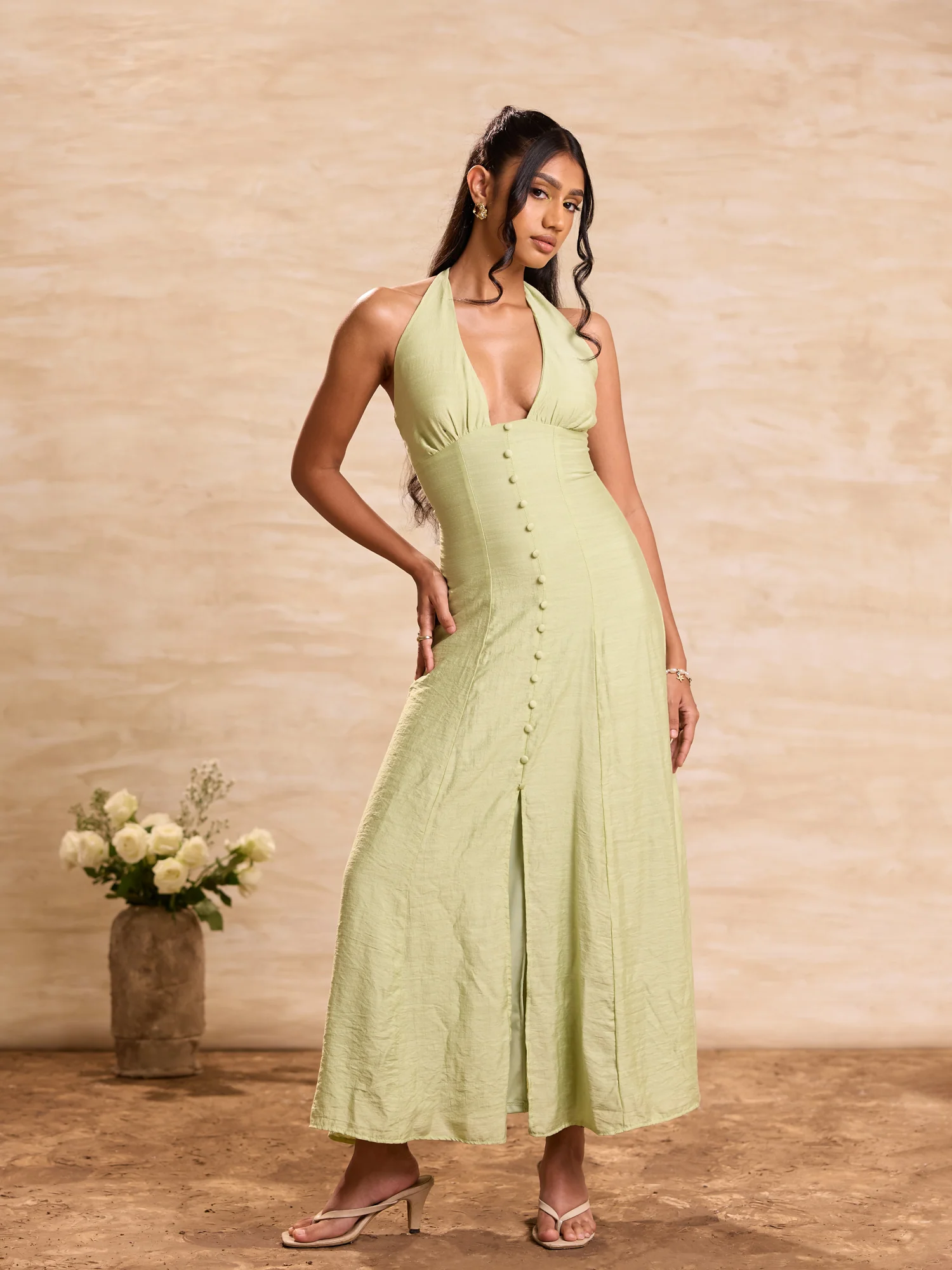 Halter Deep Neck Cover Button Detailed Maxi Dress - Image 4