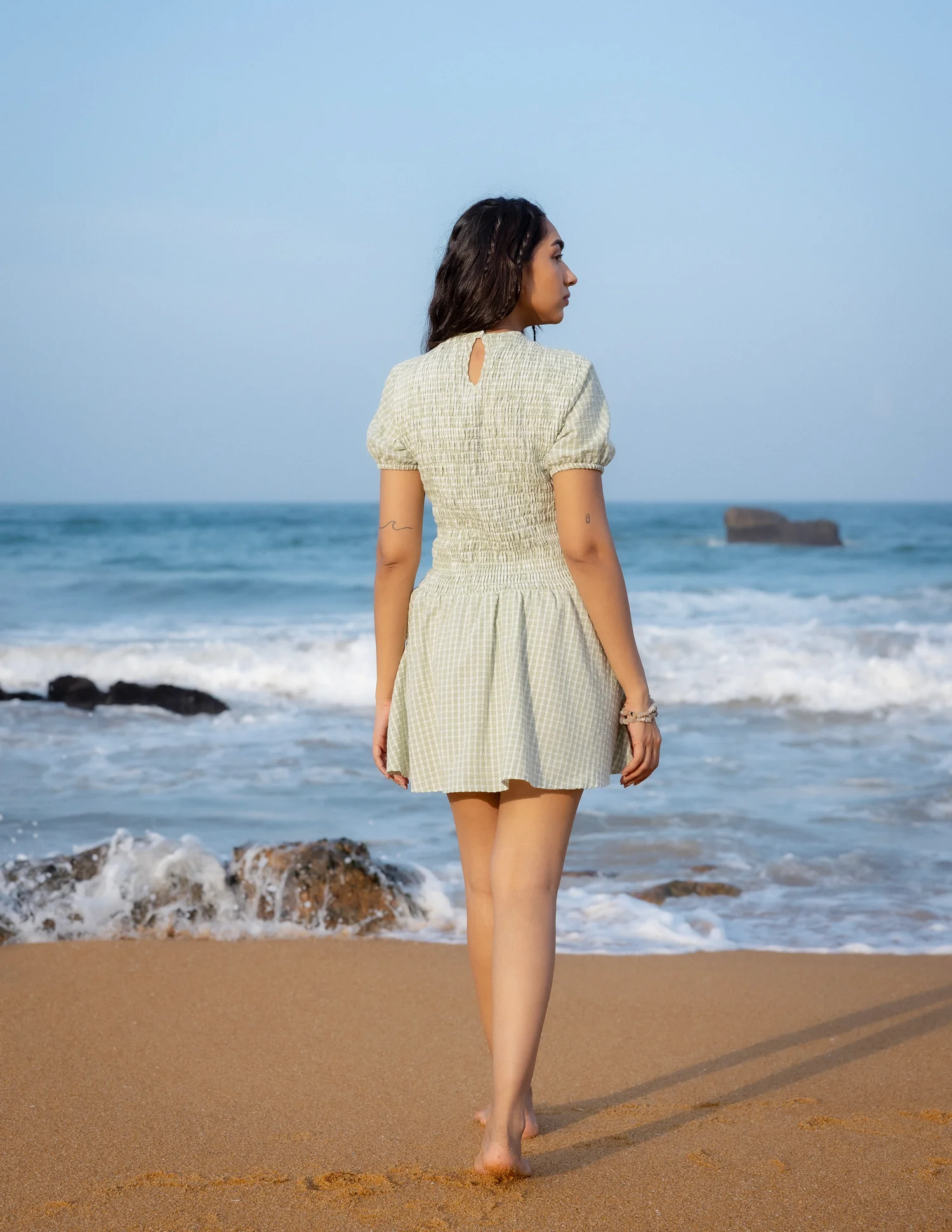 High Neck Puff Sleeved Smocking Detailed Mini Dress - Image 3