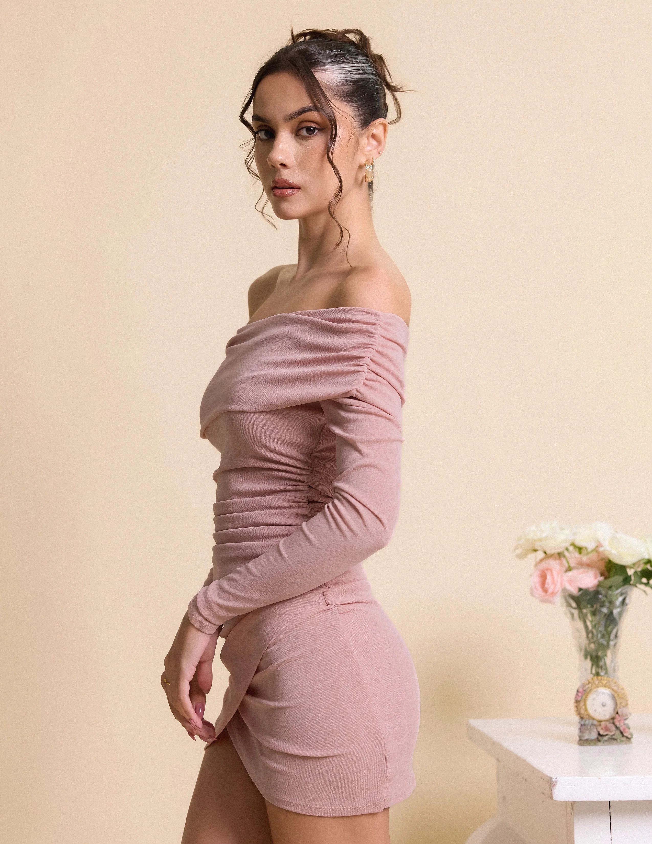 Off Shoulder Ruched Mini Dress - Image 3