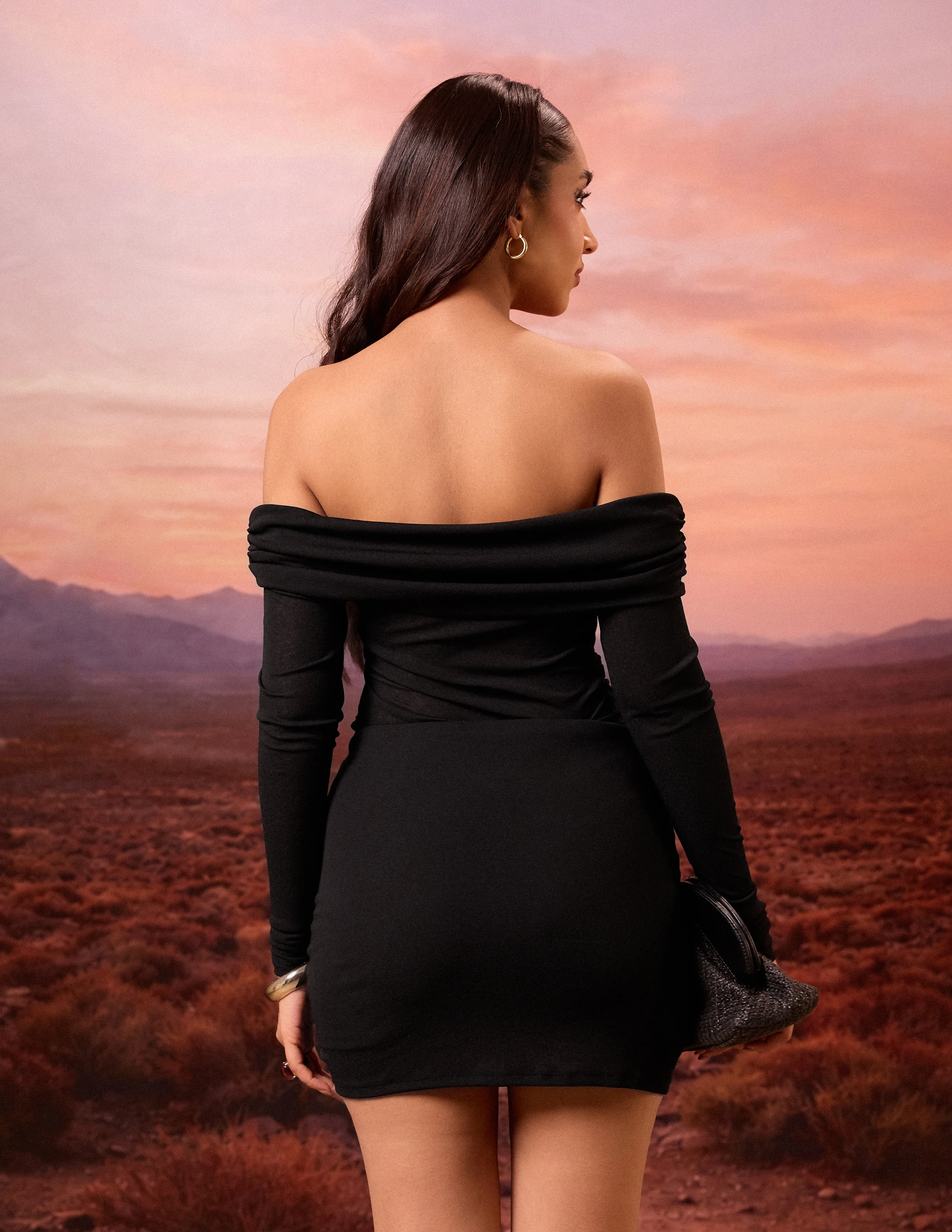 Off Shoulder Skirt Ruched Long Sleeved Mini Dress - Image 4