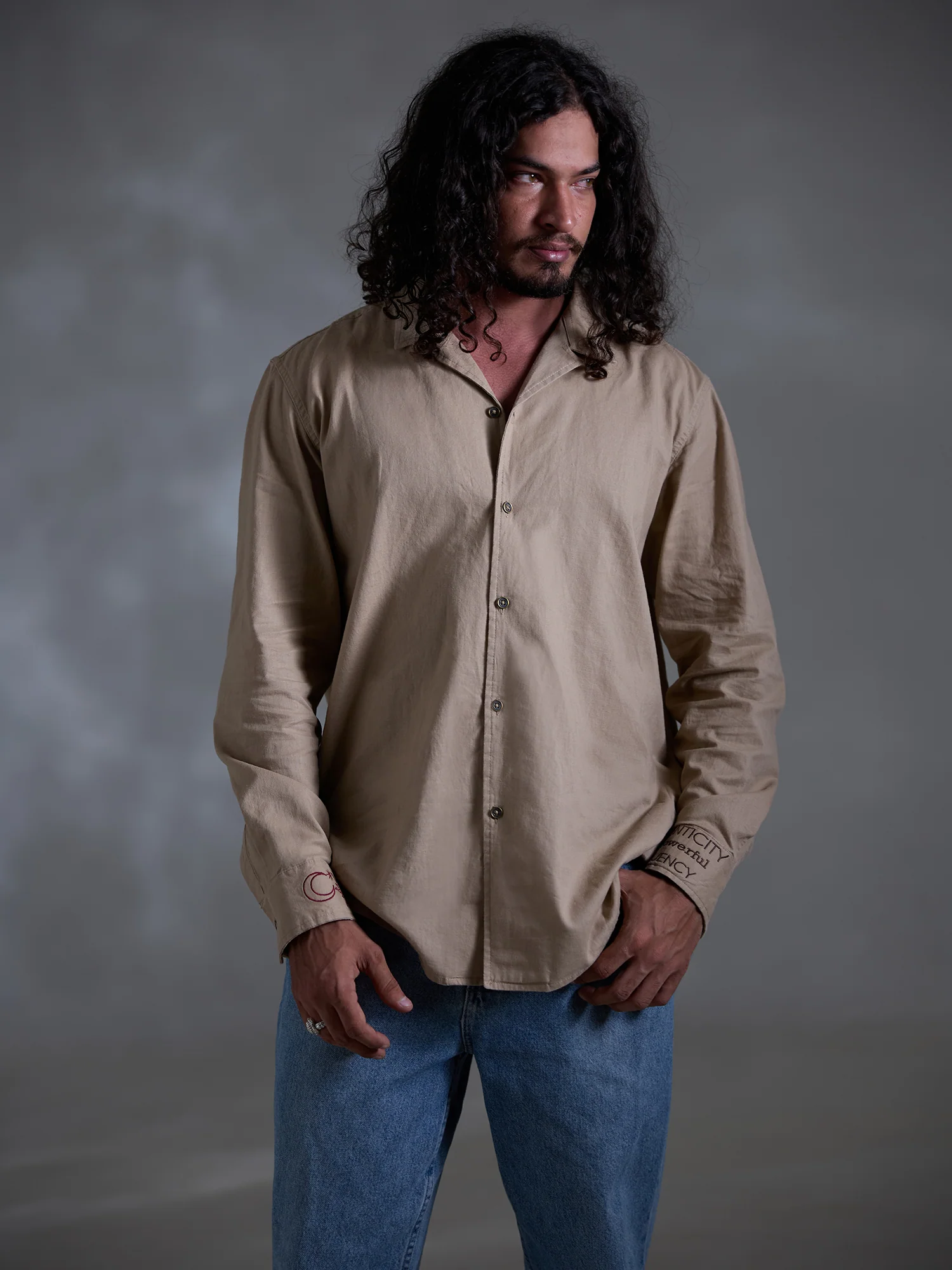 Oversized long sleeve camp collar embroidery shirt