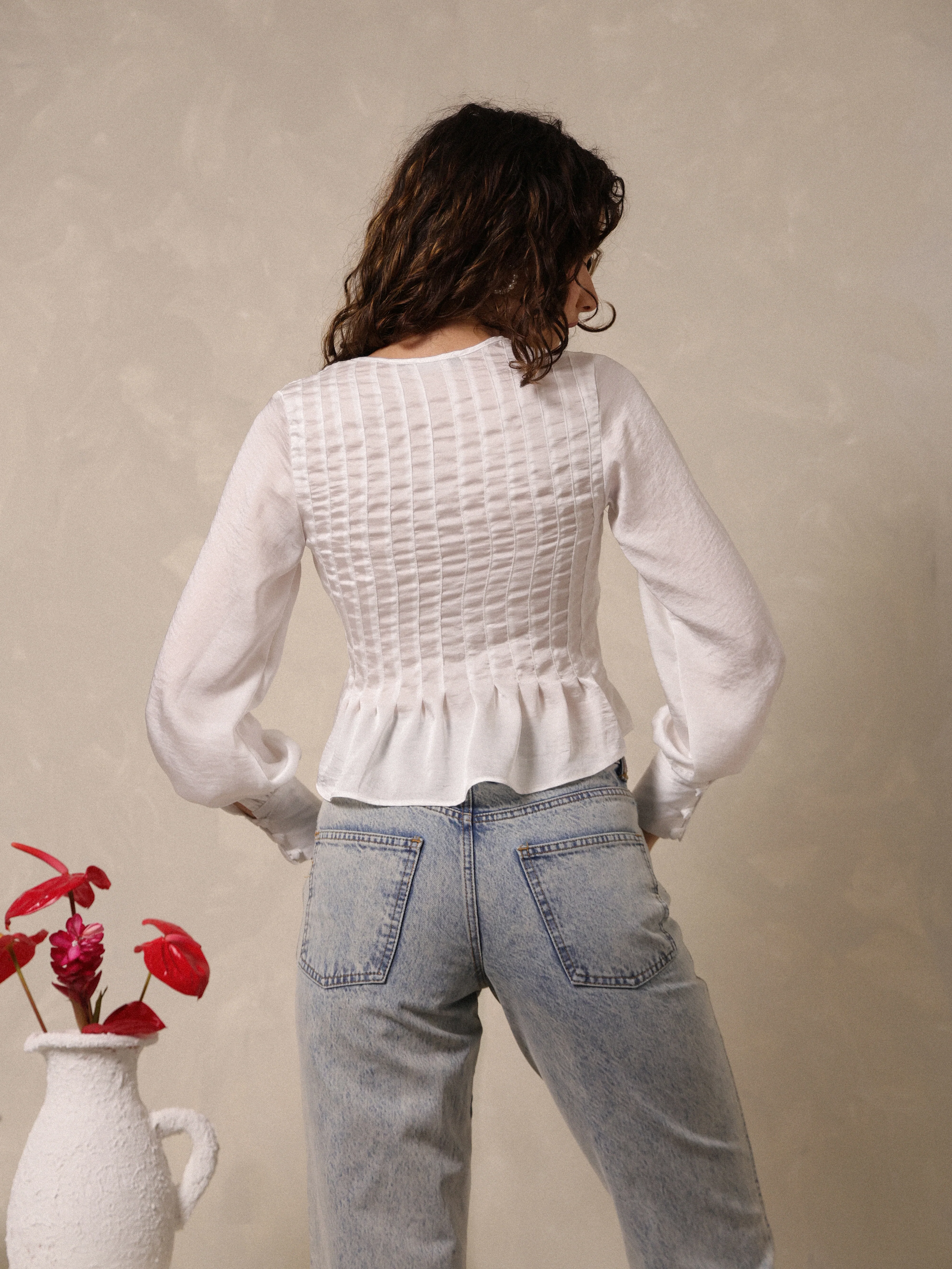Pin Tuck Detailed Long Sleeved Peplum Top - Image 4