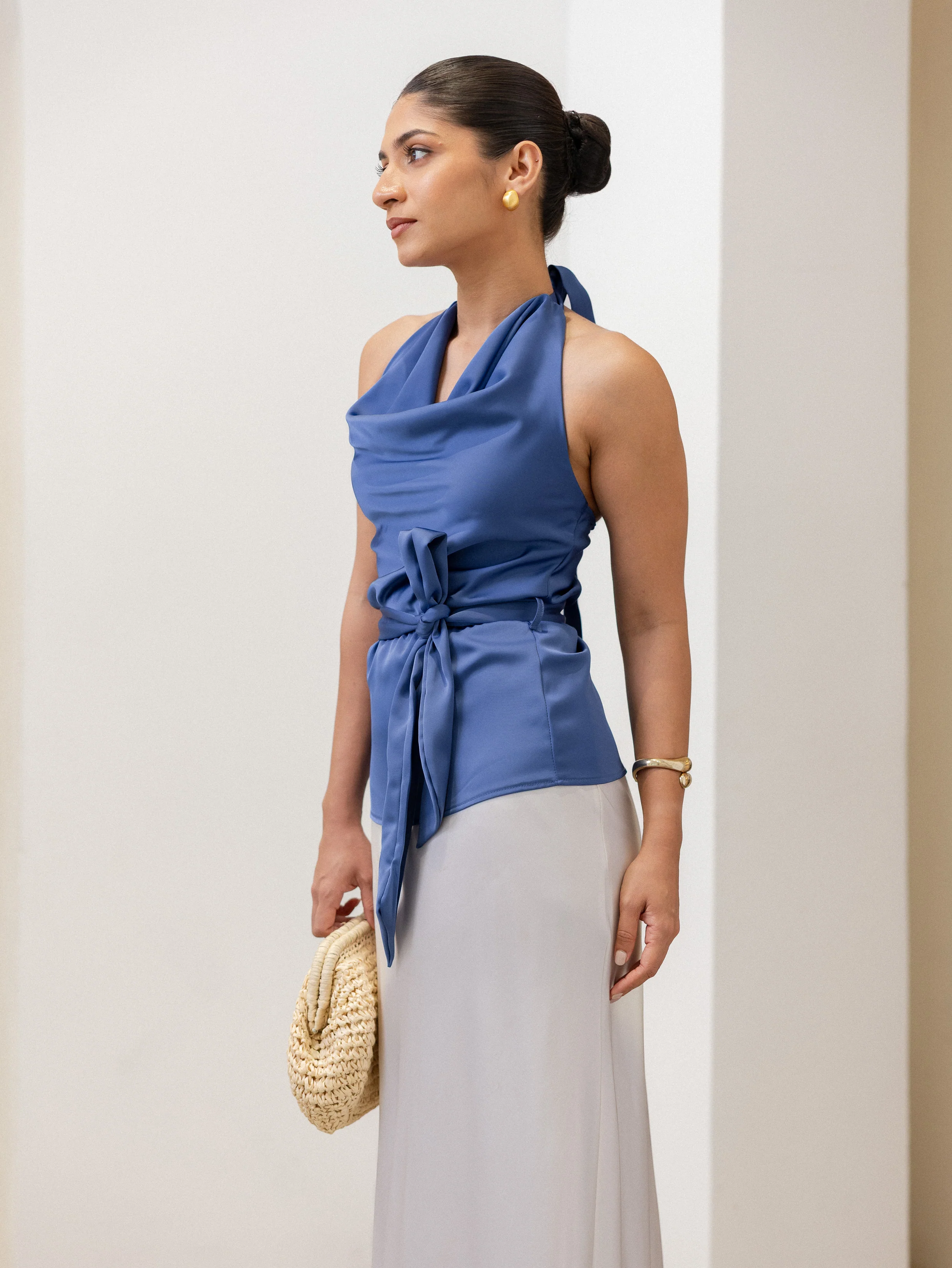 Satin Cowl Neck Tie Up Top - Image 3