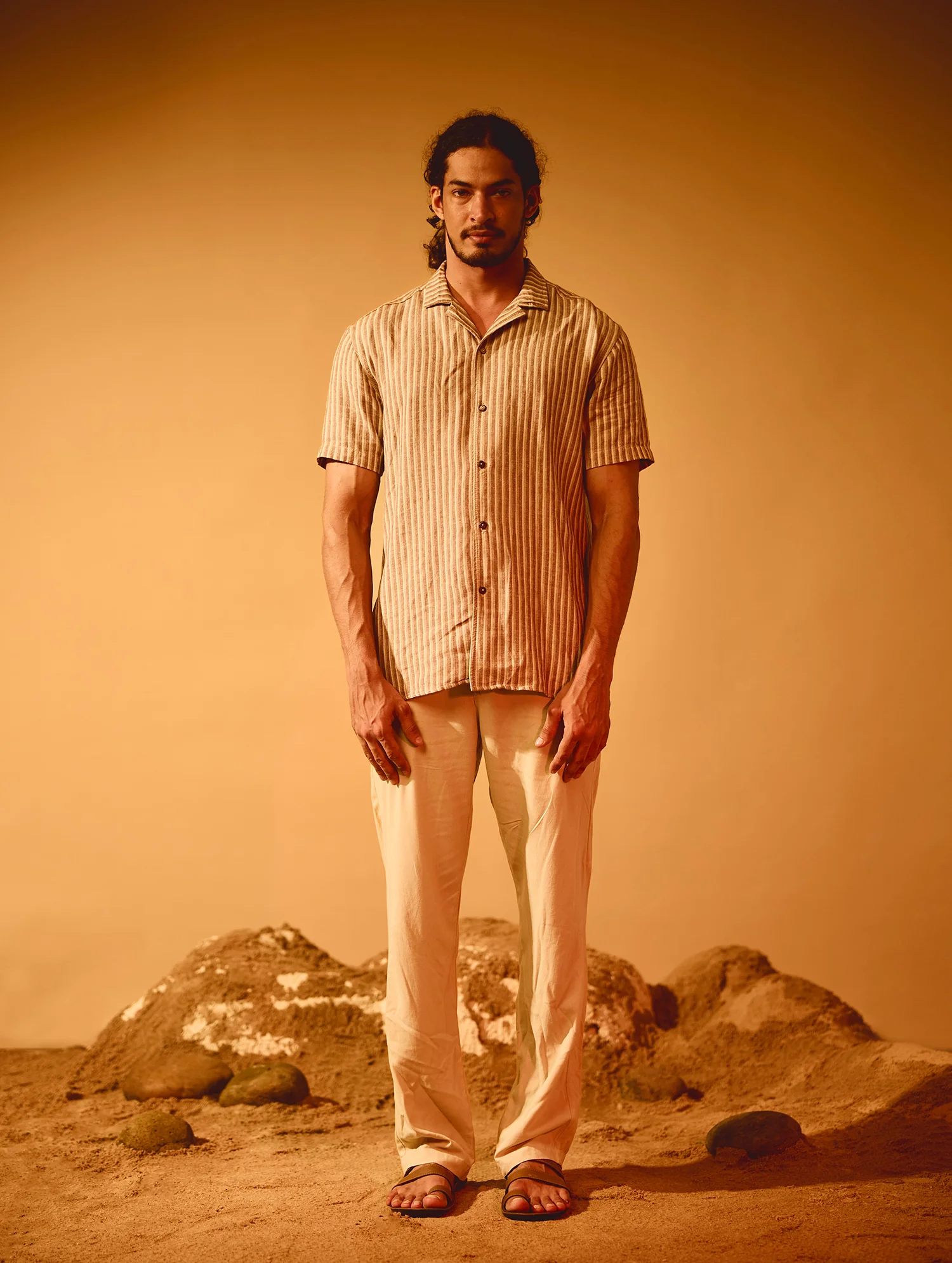 Stripe Detailed Slim Fit Camp Collar Shirt