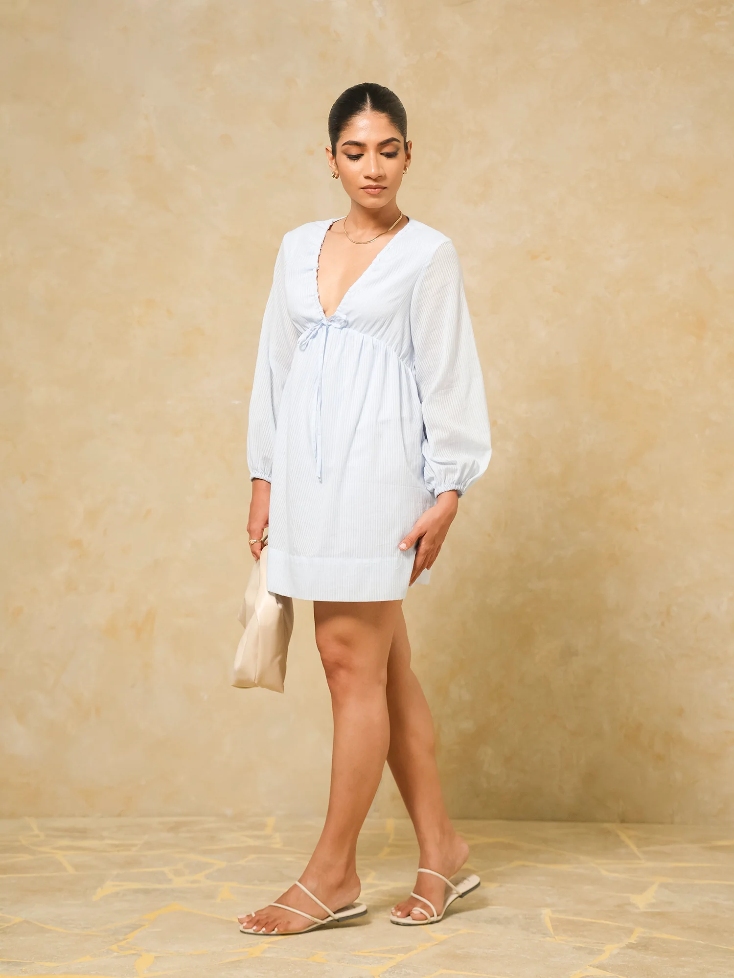 V Neck Ruched Long Sleeved Mini Dress - Image 3
