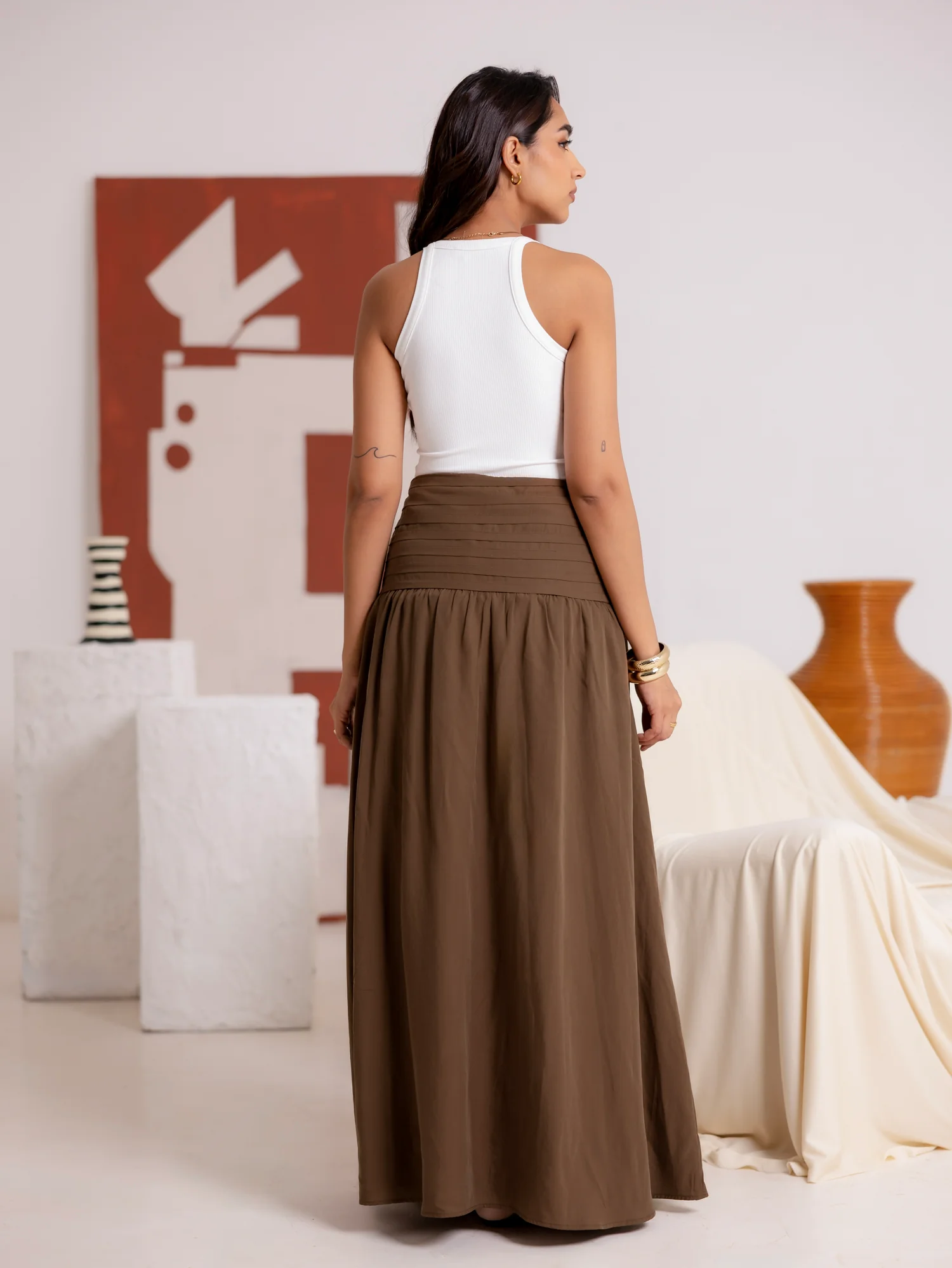 Waist Pin Tuck Detailed Maxi Skirt - Image 3